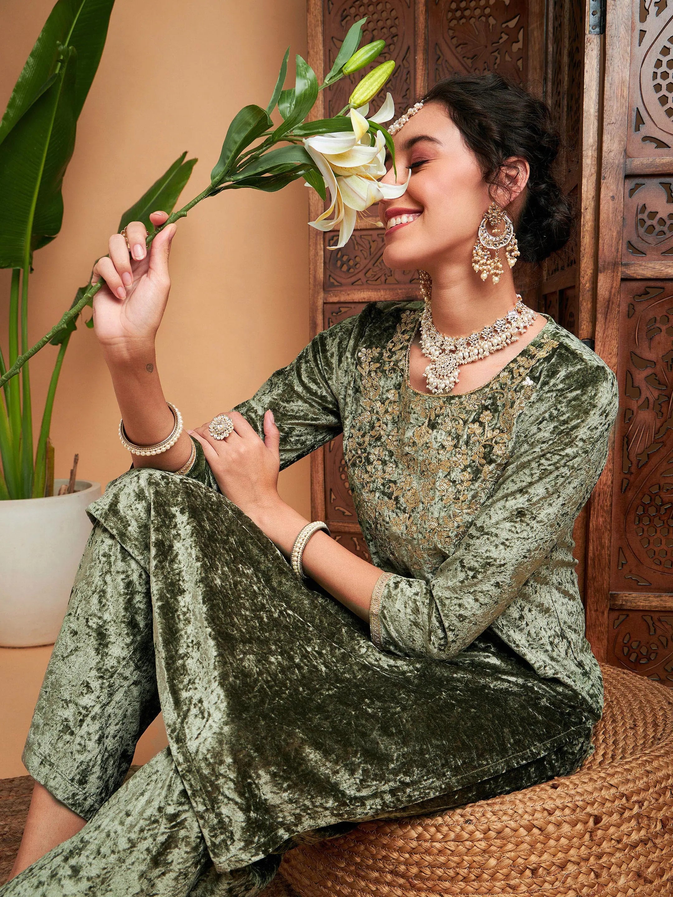 Olive Velvet Sequin Kurta - Embroidered Indian Kurta for Women