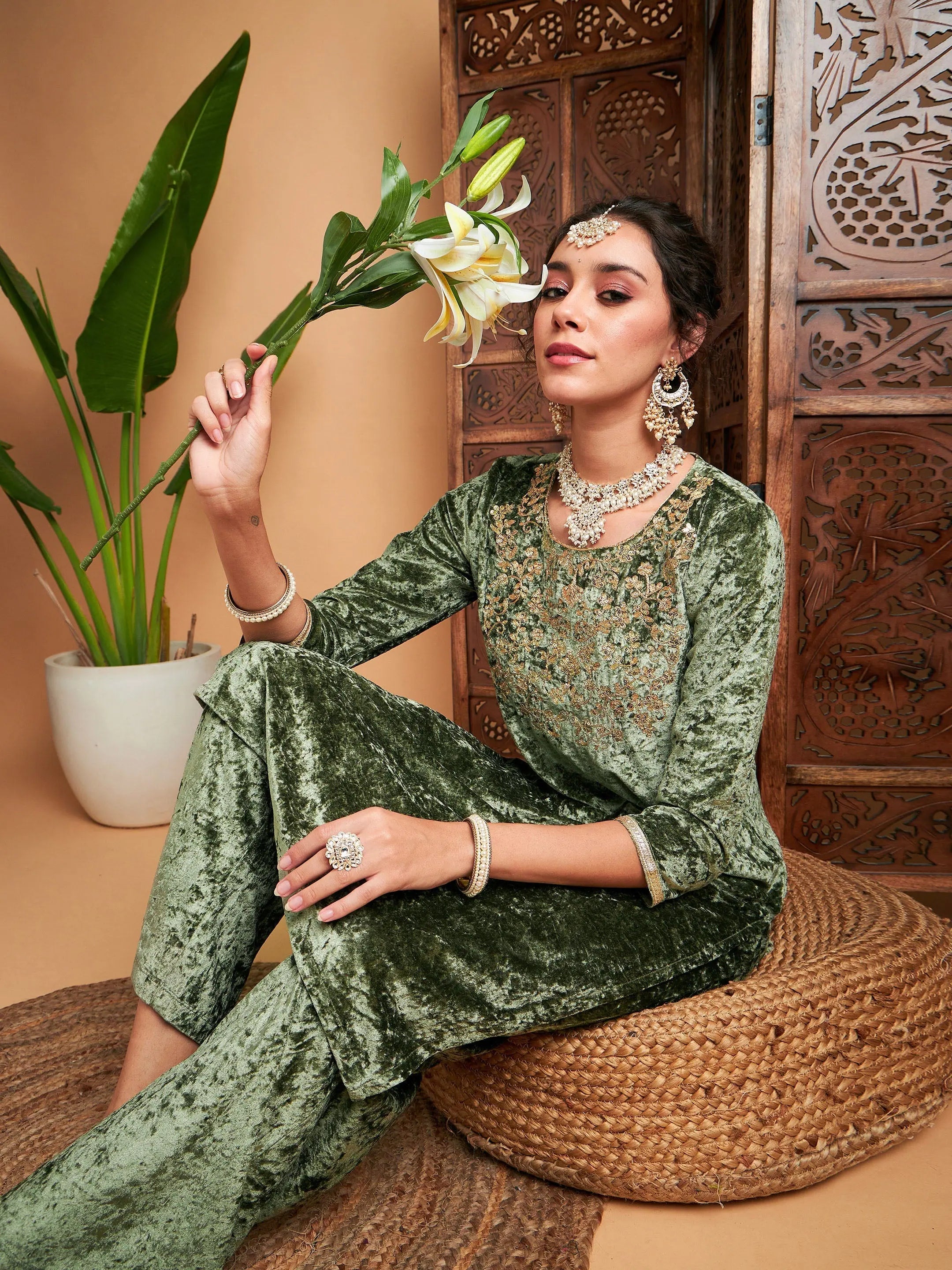 Olive Velvet Sequin Kurta - Embroidered Indian Kurta for Women