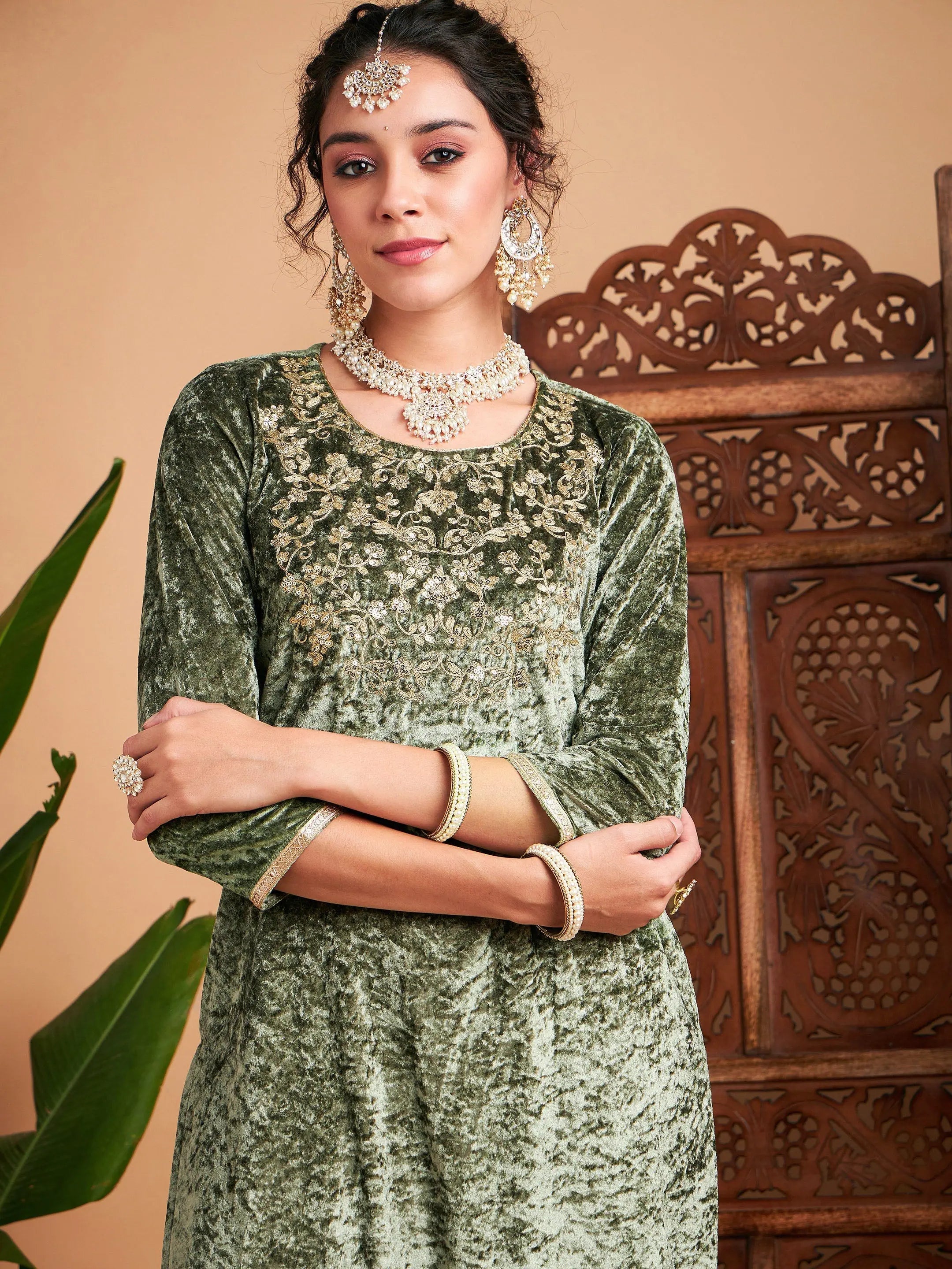 Olive Velvet Sequin Kurta - Embroidered Indian Kurta for Women