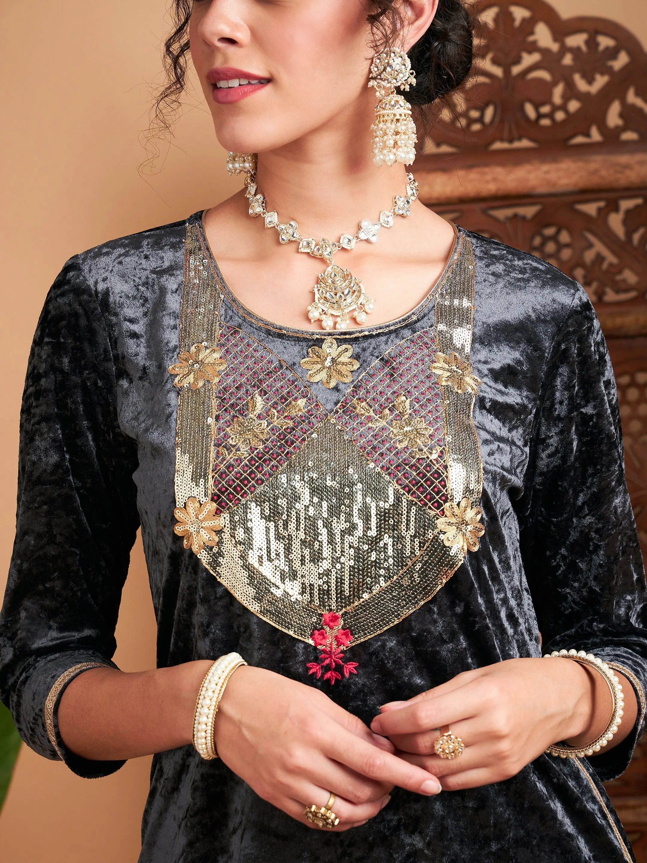 Grey Velvet Embroidered Kurta - Stylish Indian Kurtis for Ladies