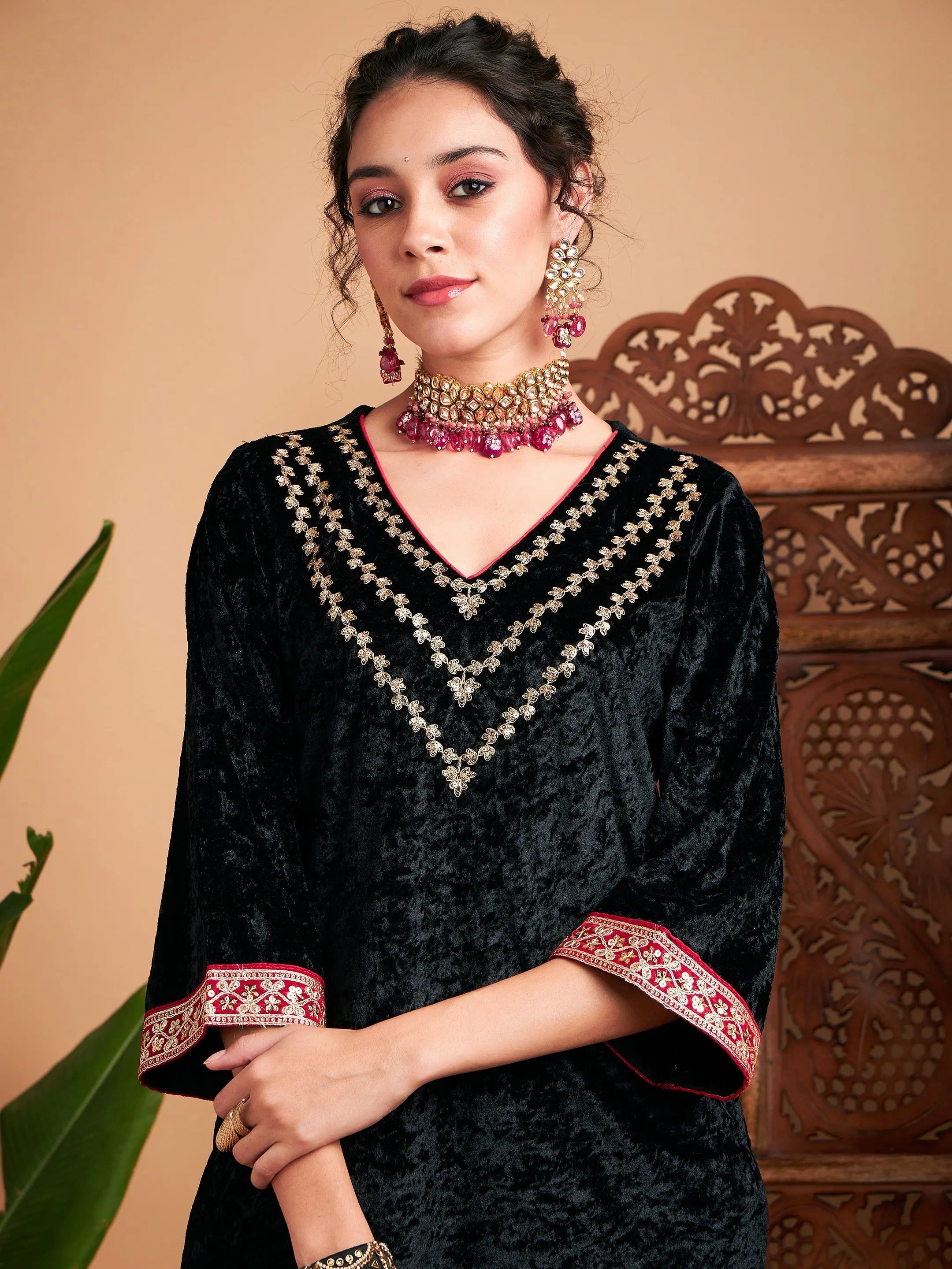 Black Velvet Embroidered Yoke Kurta - Indian Kurta for Women
