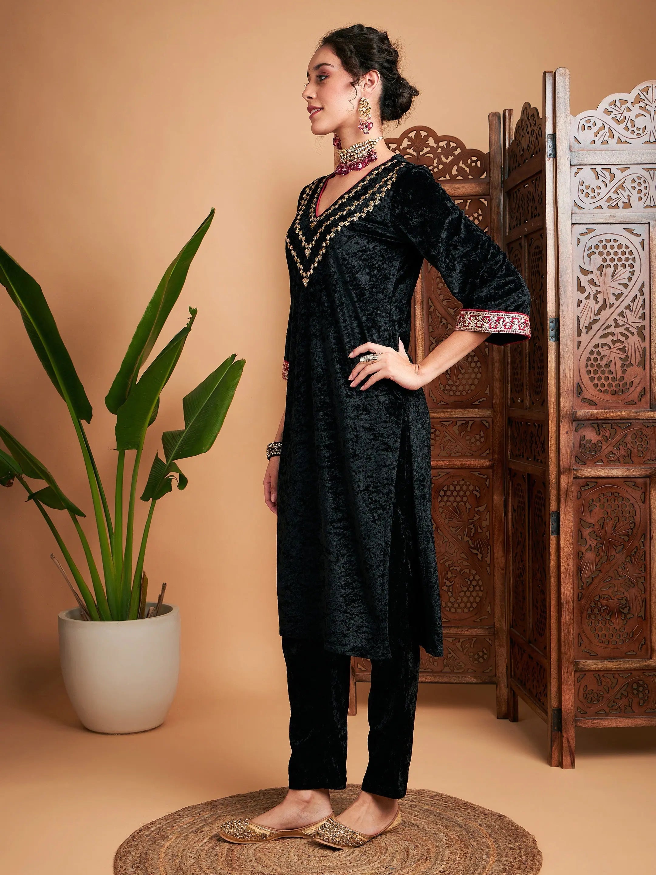 Black Velvet Embroidered Yoke Kurta - Indian Kurta for Women