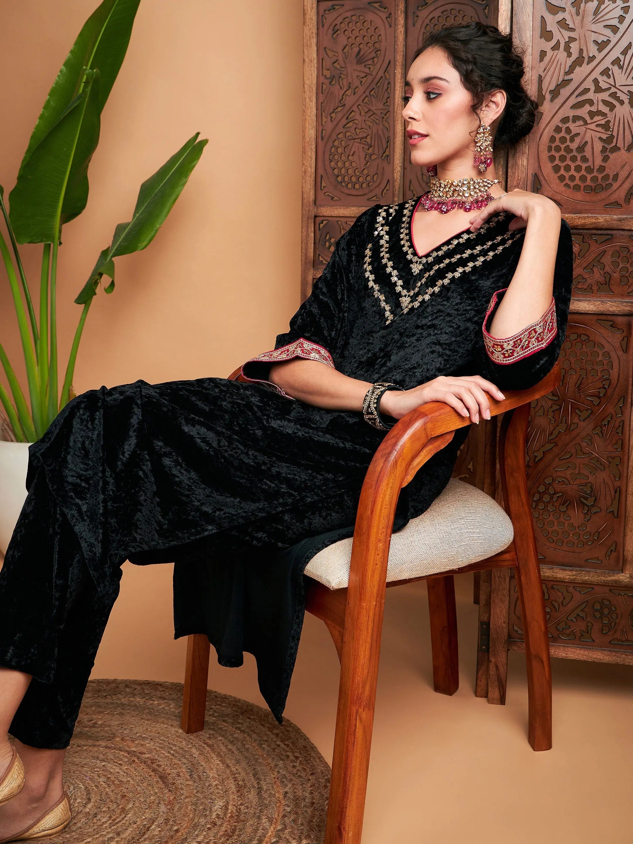 Black Velvet Embroidered Yoke Kurta - Indian Kurta for Women