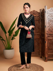 Women Black Velvet Embroidered Yoke Straight Kurta