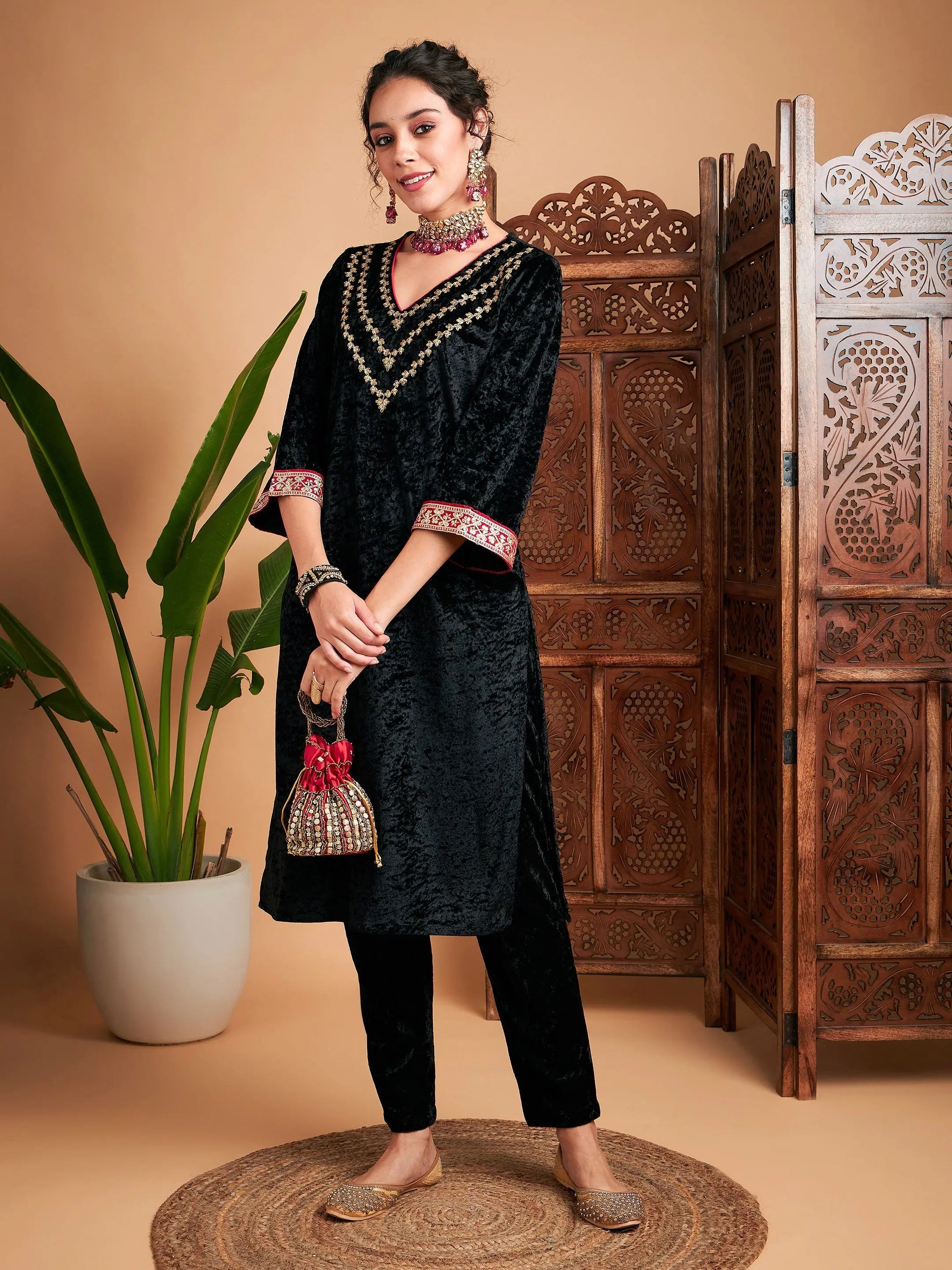 Black Velvet Embroidered Yoke Kurta - Indian Kurta for Women