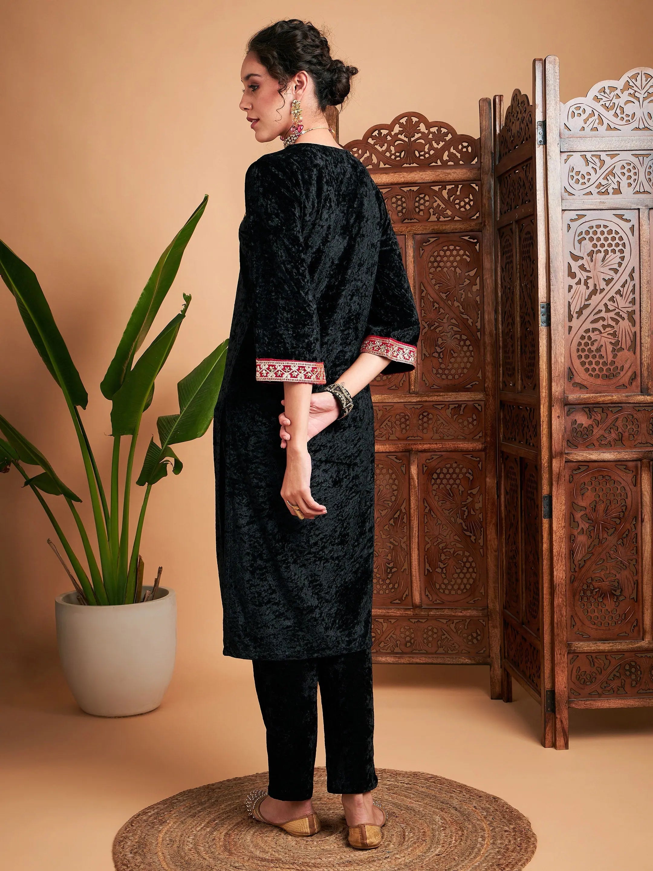 Black Velvet Embroidered Yoke Kurta - Indian Kurta for Women