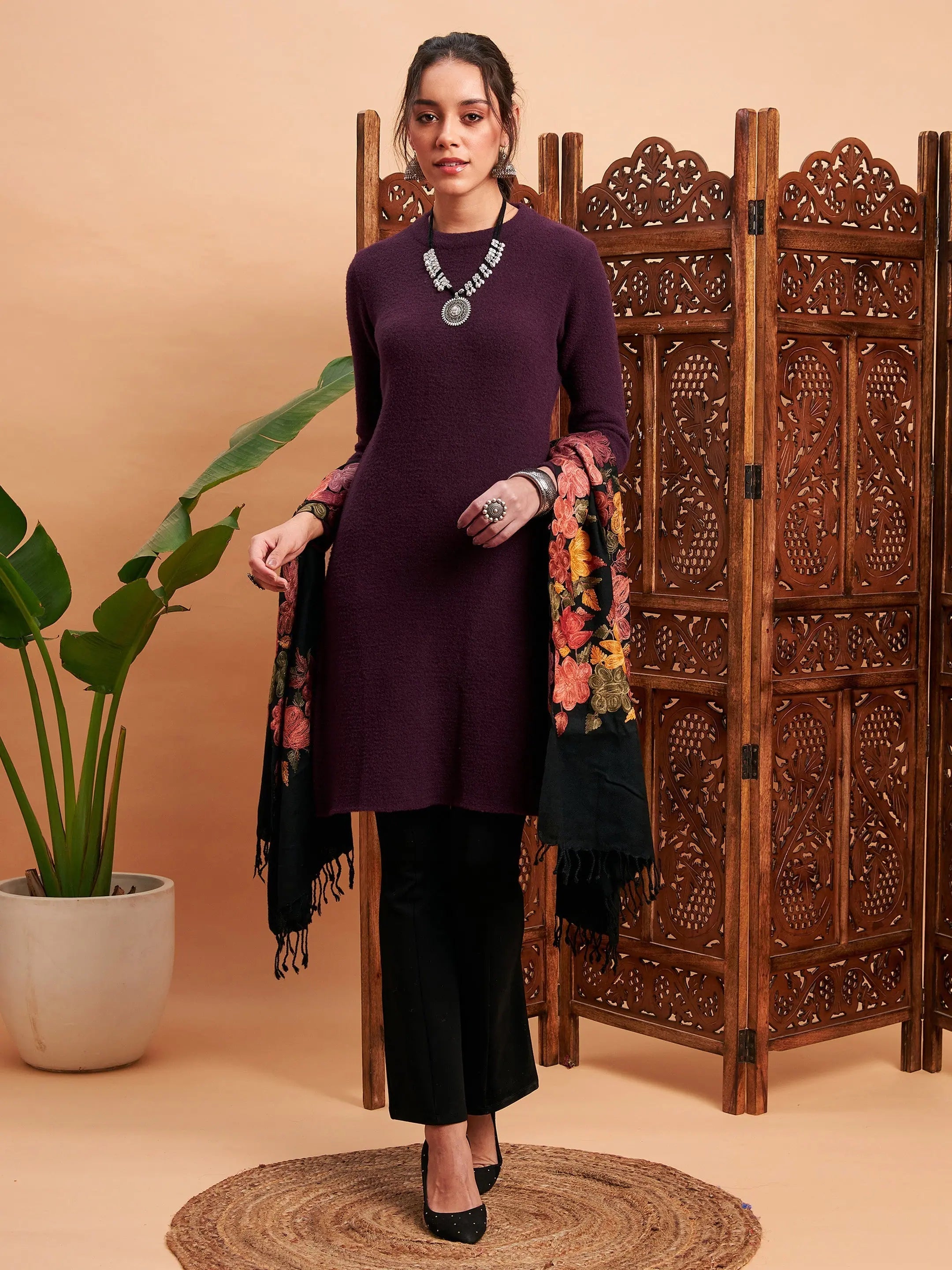 Maroon Wool Kurta for Women - Solid Indian Kurta Ladies