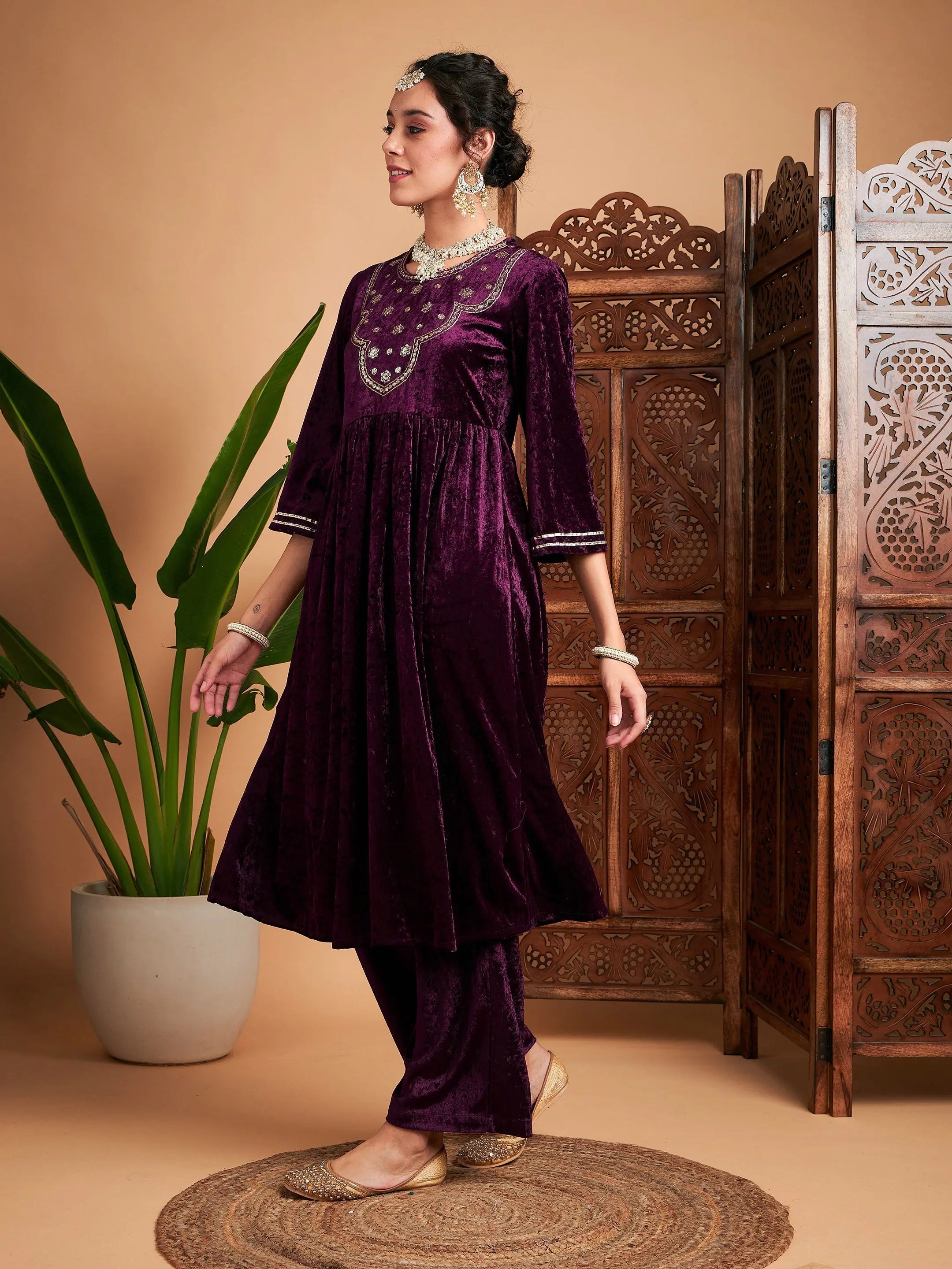 Purple Velvet Embroidered Indian Kurta - Unique Women's Kurti