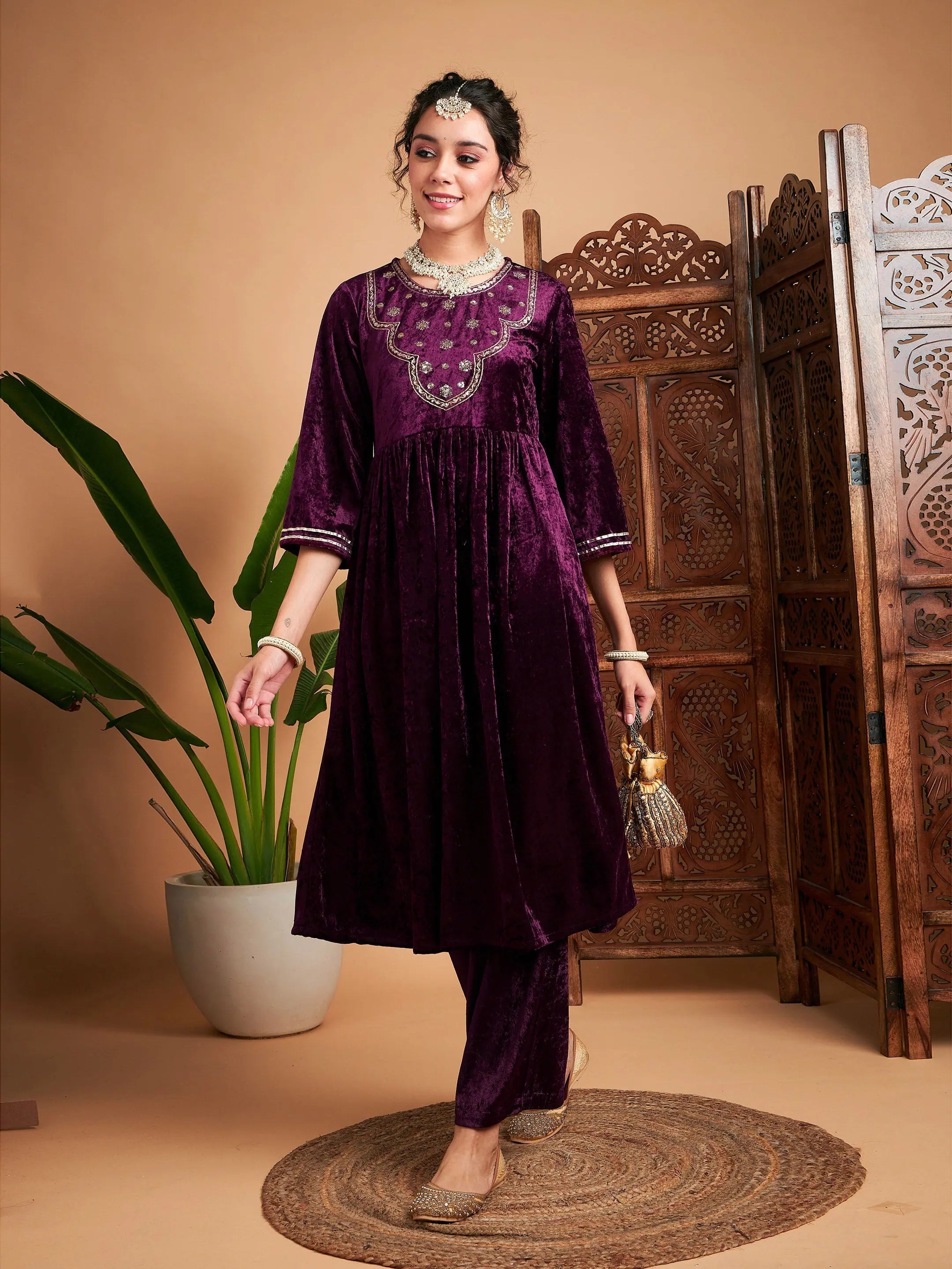 Purple Velvet Embroidered Indian Kurta - Unique Women's Kurti