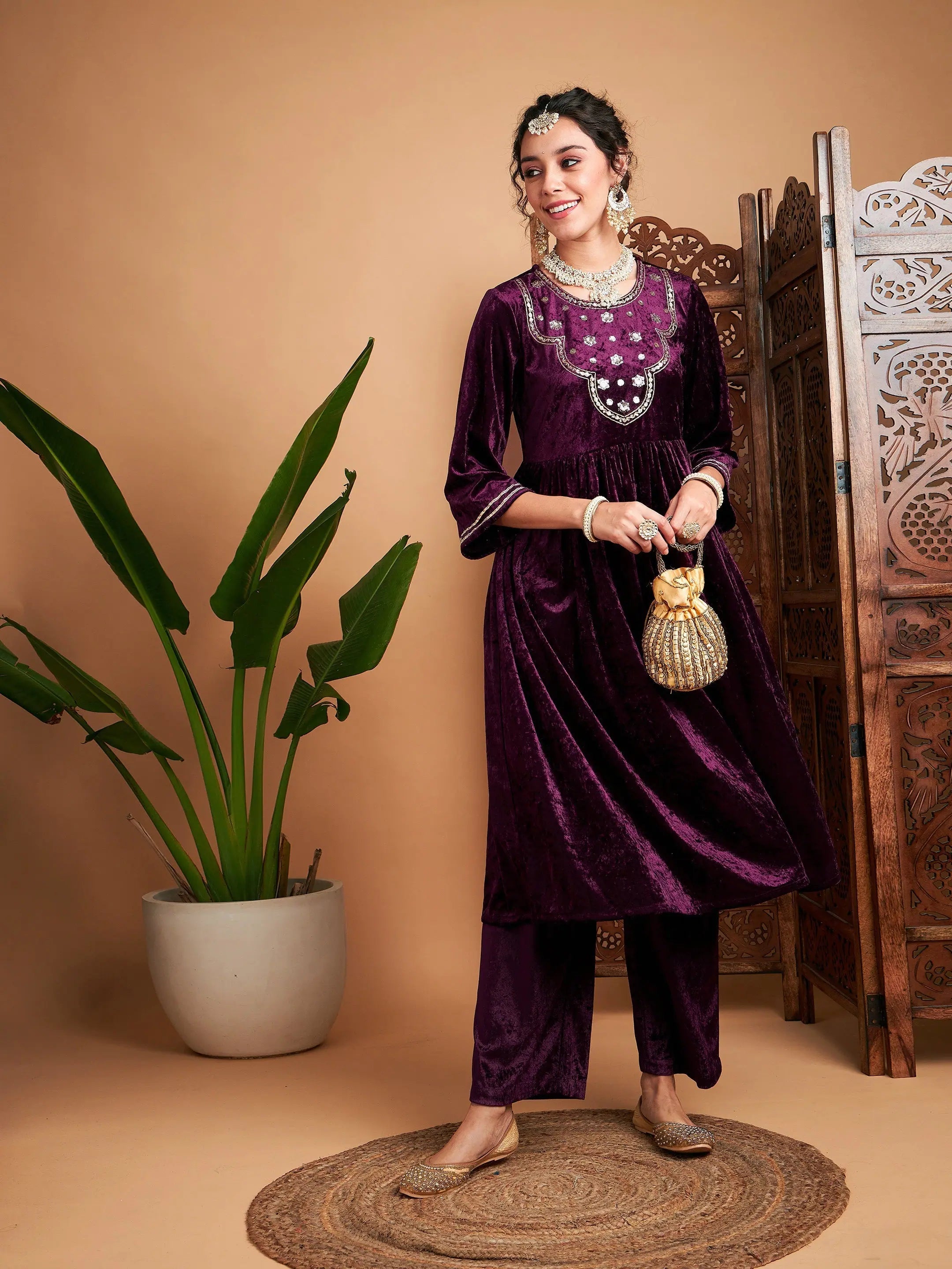 Purple Velvet Embroidered Indian Kurta - Unique Women's Kurti