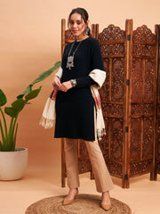 Women Black Solid Hair Wool Straight Kurta