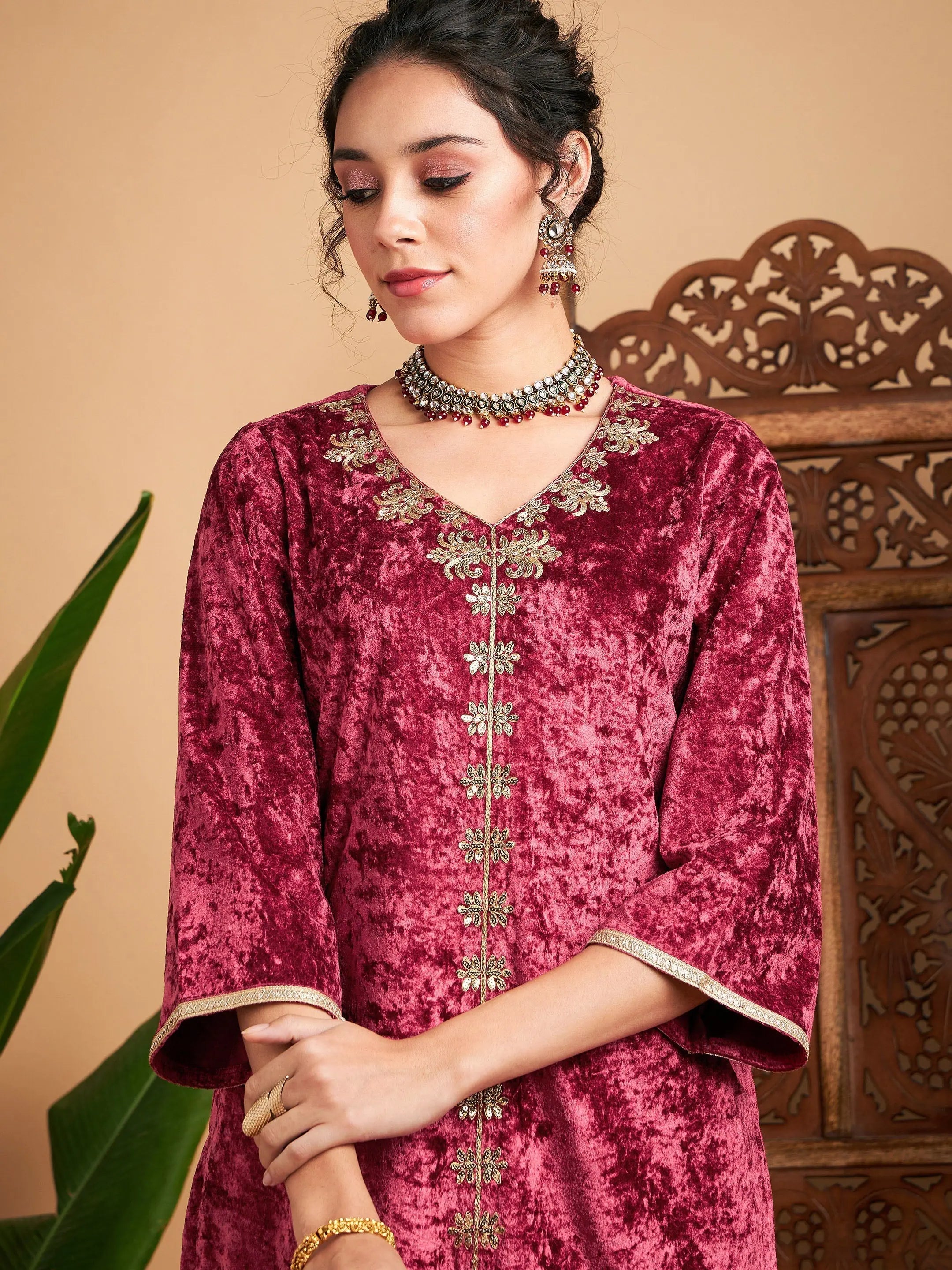 Pink Velvet Embroidered Kurta - Indian Kurta Ladies Tunic