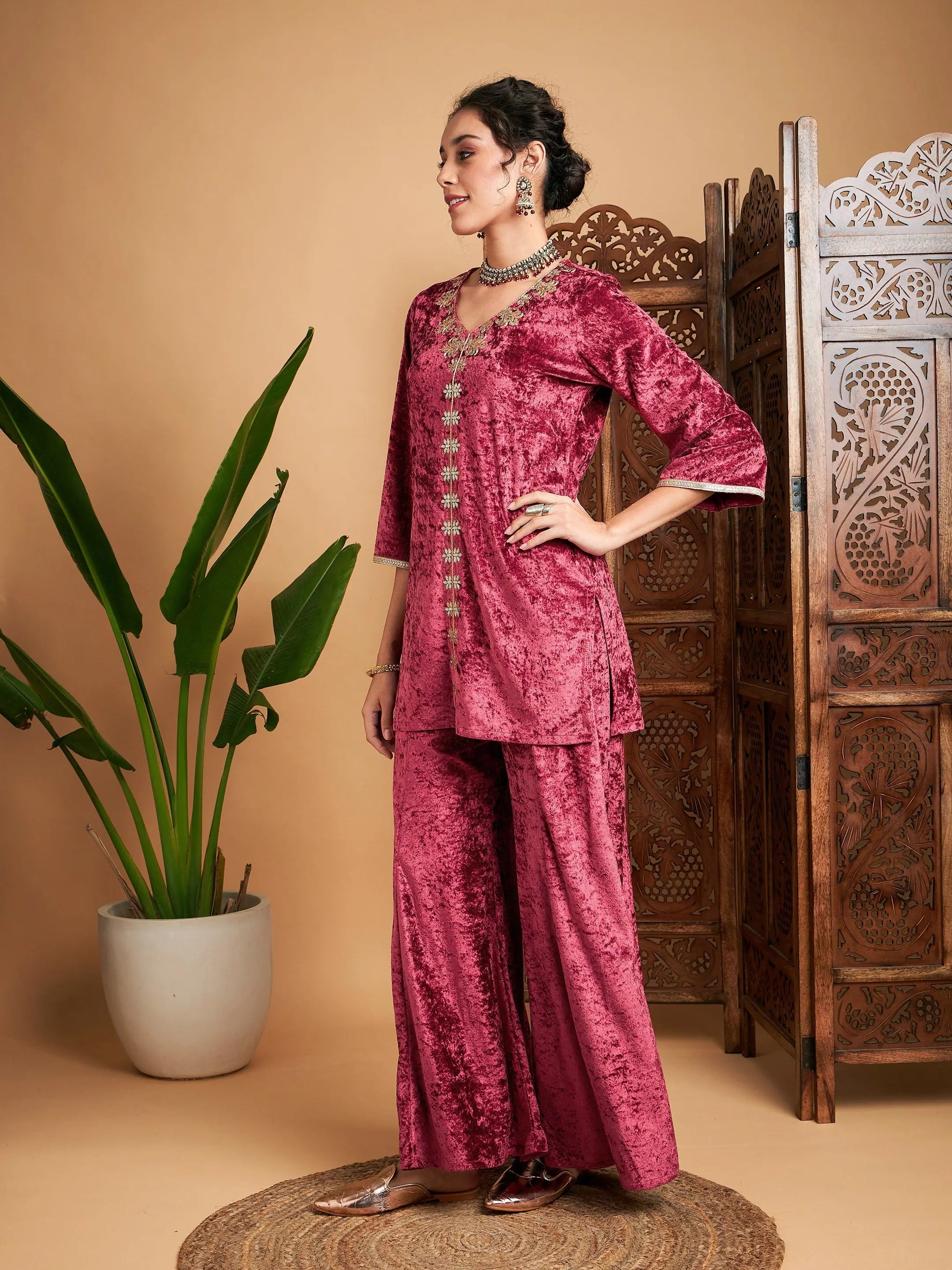 Pink Velvet Embroidered Kurta - Indian Kurta Ladies Tunic