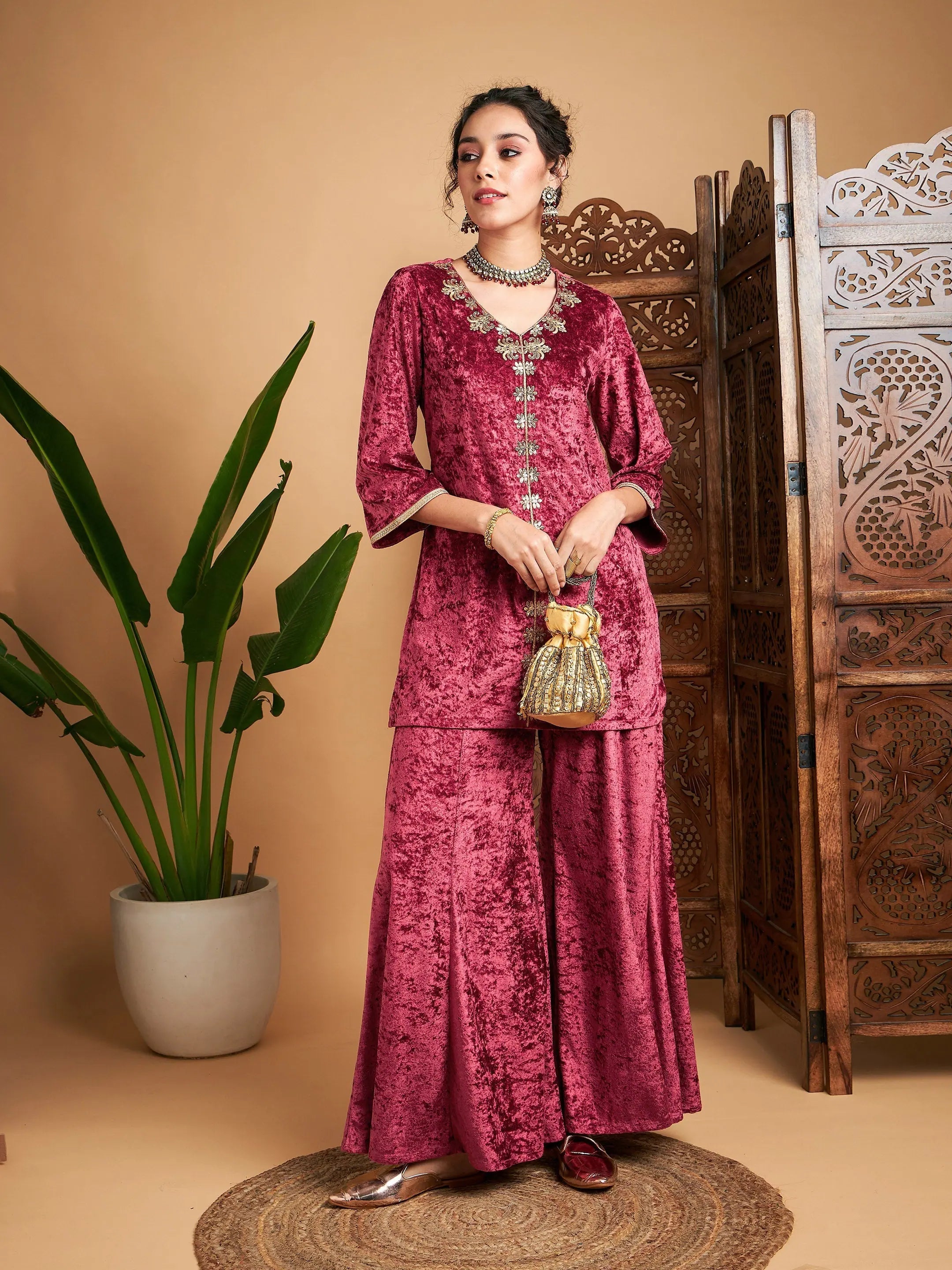 Pink Velvet Embroidered Kurta - Indian Kurta Ladies Tunic
