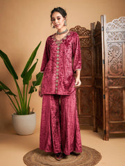 Women Pink Velvet Front Embroidered Short Kurta