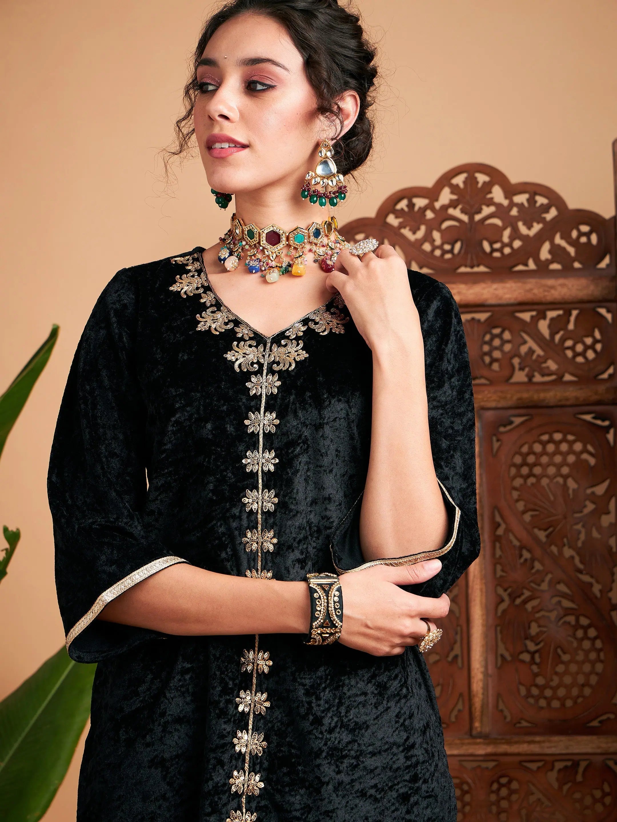 Black Velvet Embroidered Kurta - Stylish Indian Kurta for Women