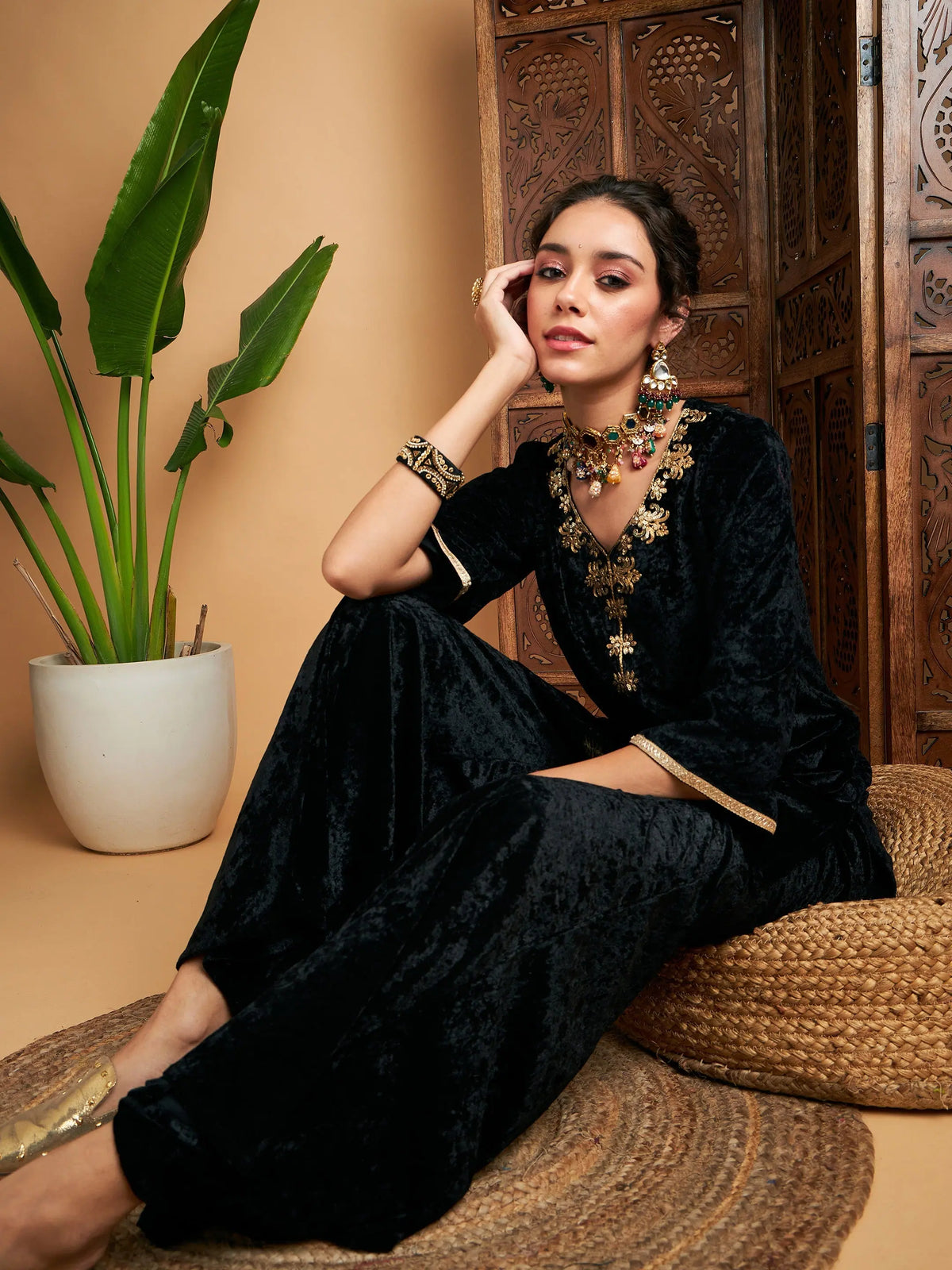 Women Black Velvet Front Embroidered Short Kurta