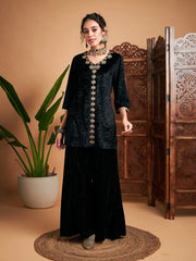 Women Black Velvet Front Embroidered Short Kurta