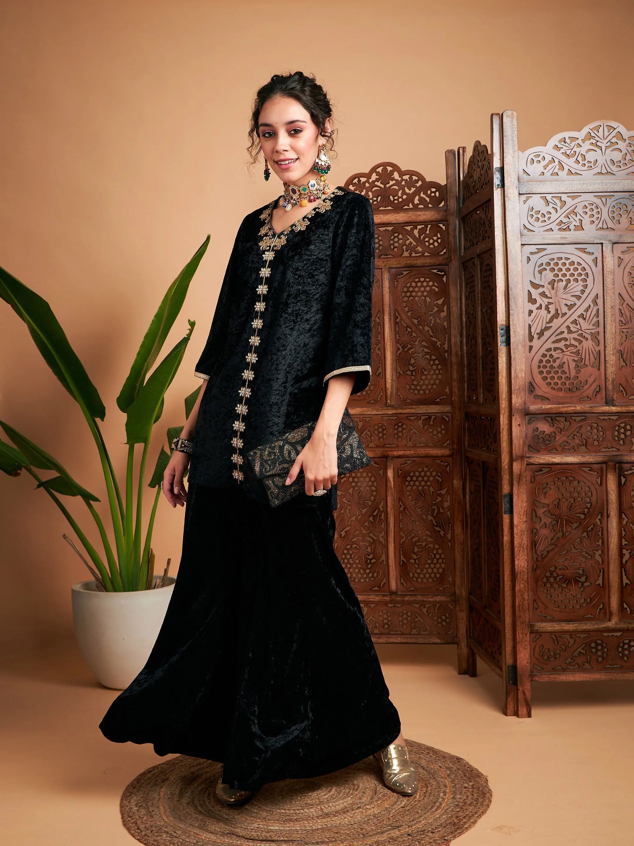 Black Velvet Embroidered Kurta - Stylish Indian Kurta for Women
