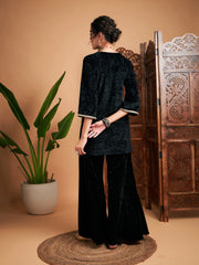 Women Black Velvet Front Embroidered Short Kurta