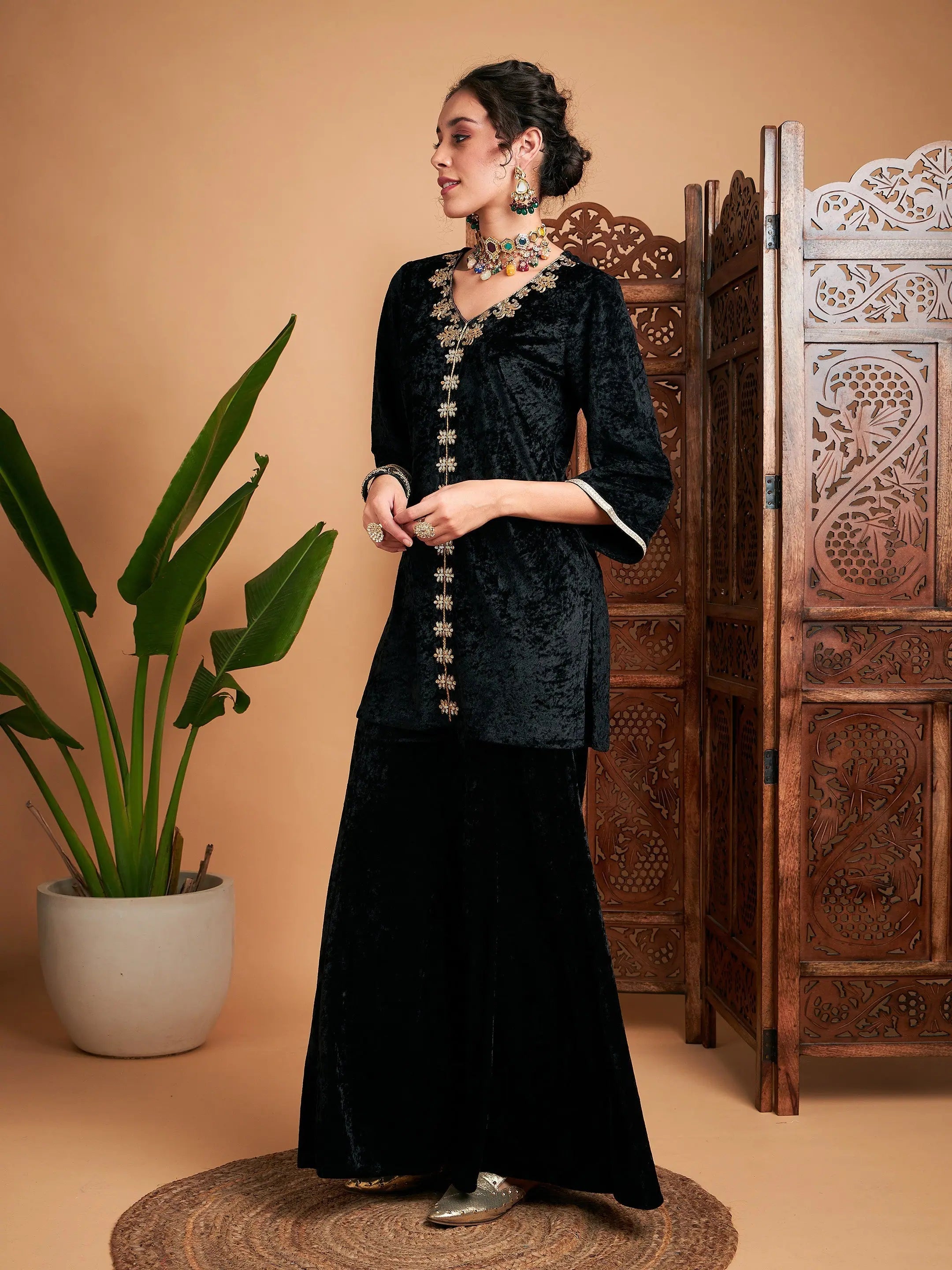 Black Velvet Embroidered Kurta - Stylish Indian Kurta for Women