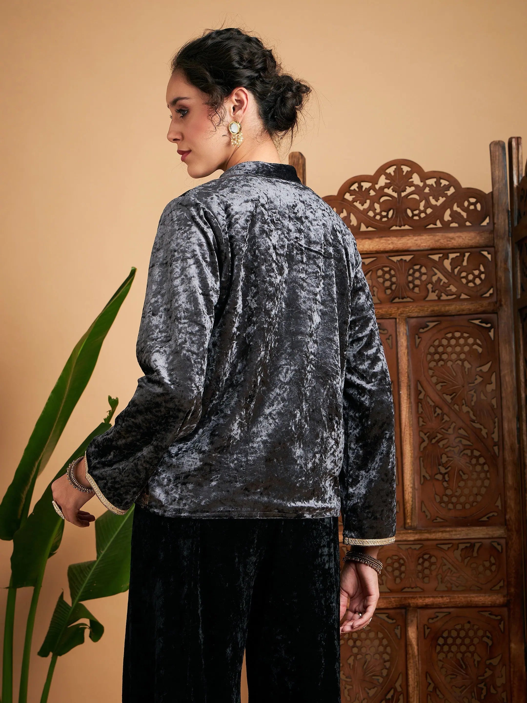 Women's Embroidered Grey Velvet Jacket | Trendy Outerwear