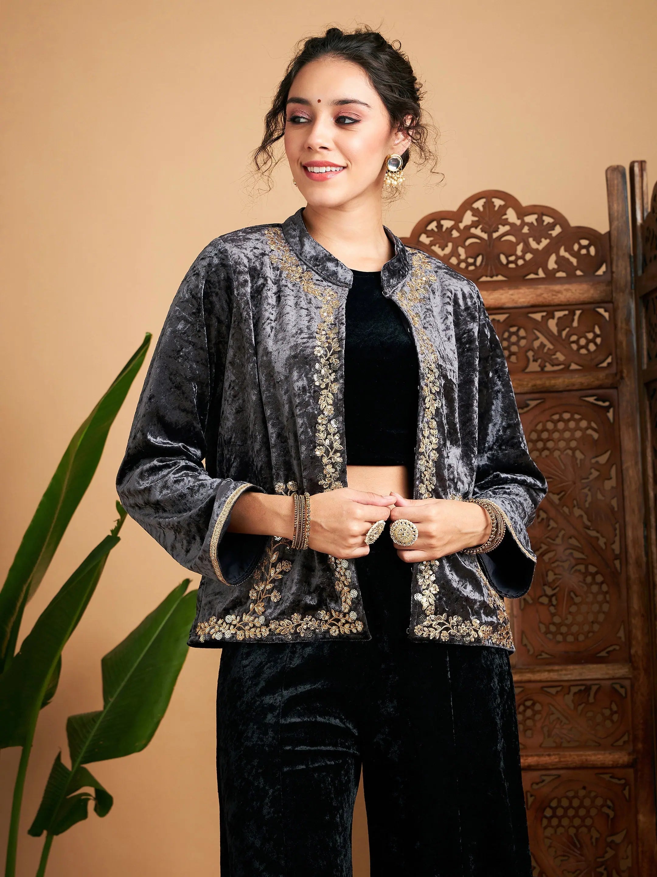 Women's Embroidered Grey Velvet Jacket | Trendy Outerwear
