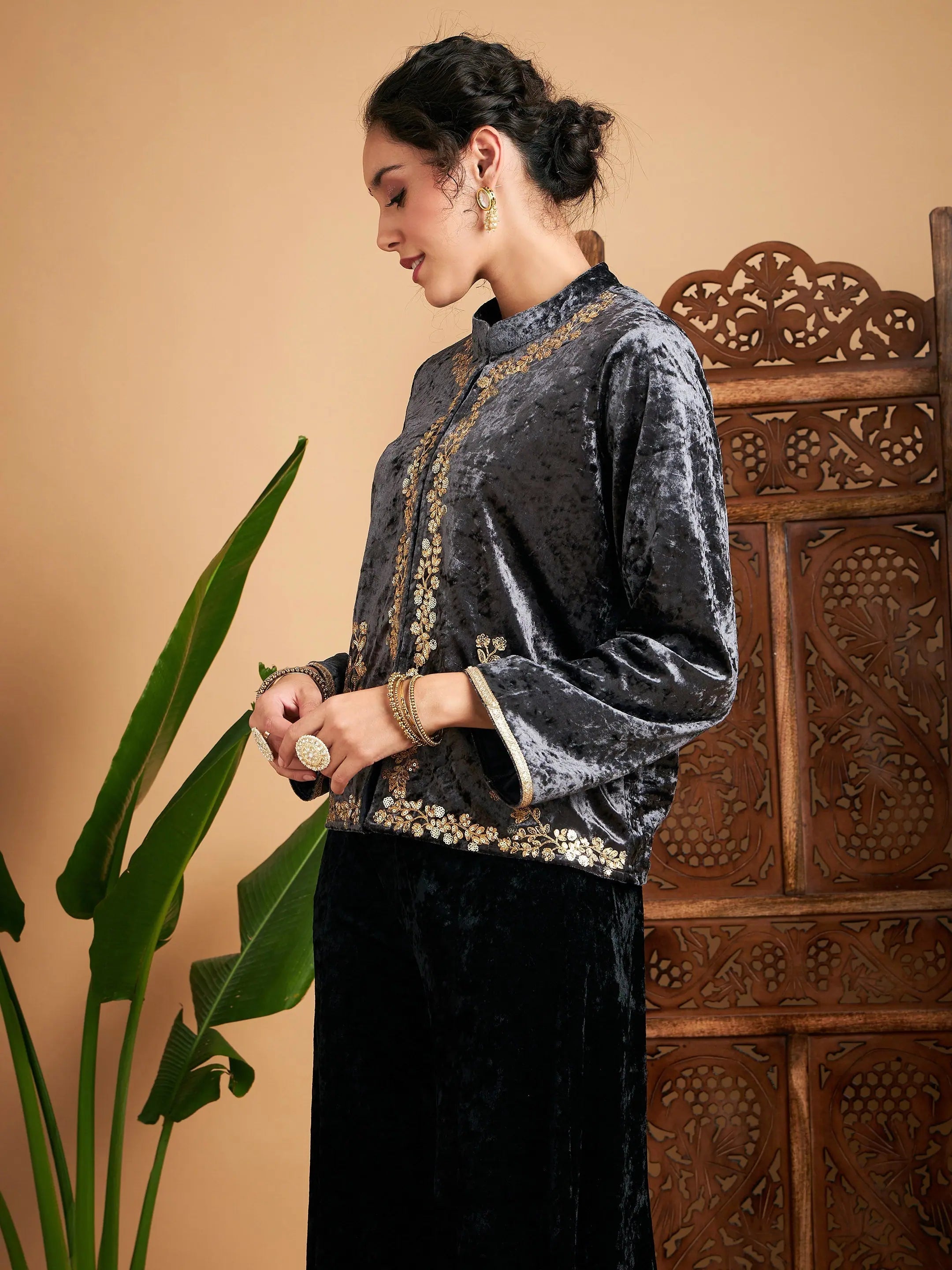 Women's Embroidered Grey Velvet Jacket | Trendy Outerwear