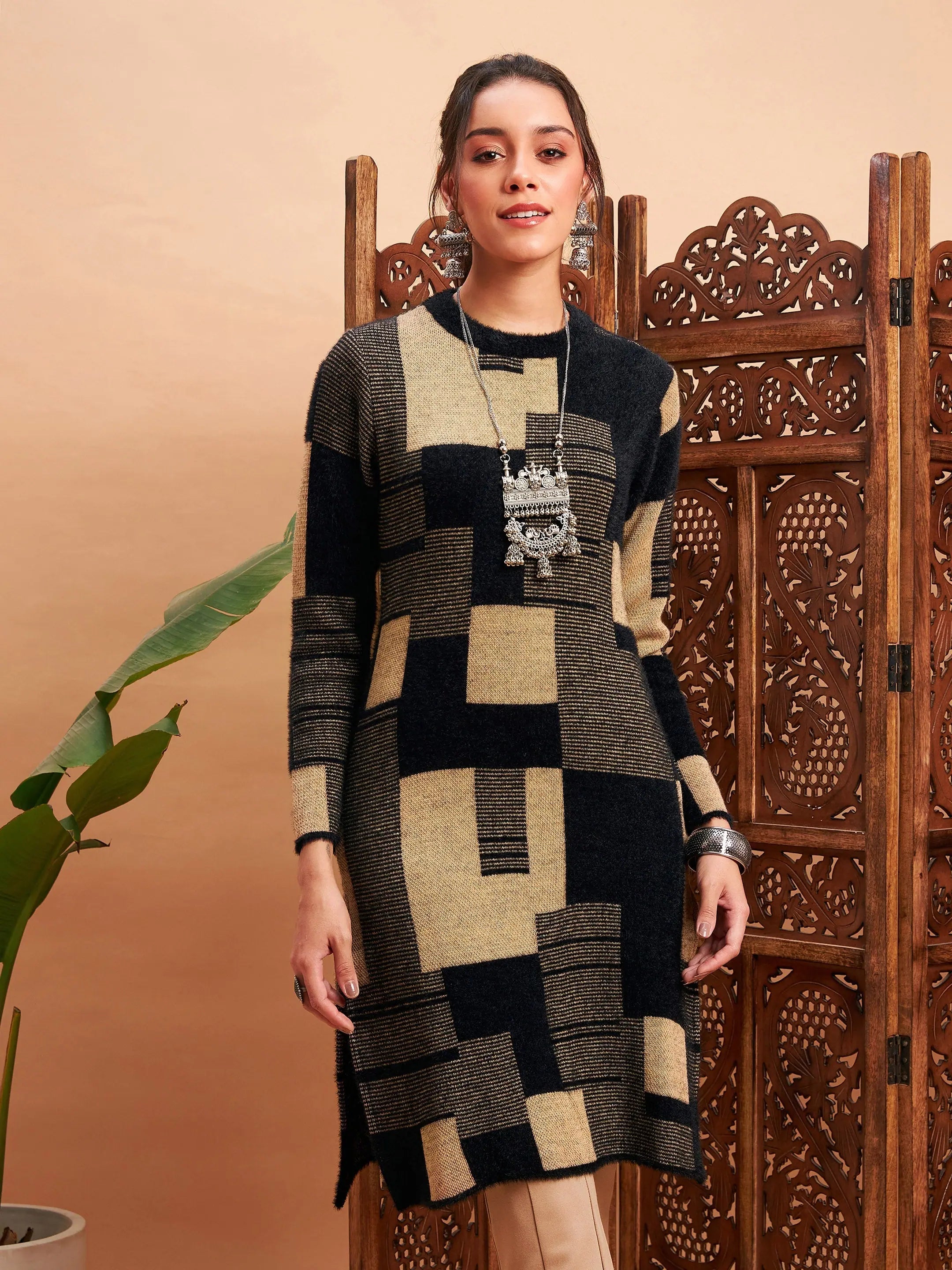 Black & Beige Tie-Dye Nylon Indian Kurta for Women - Shop Now!