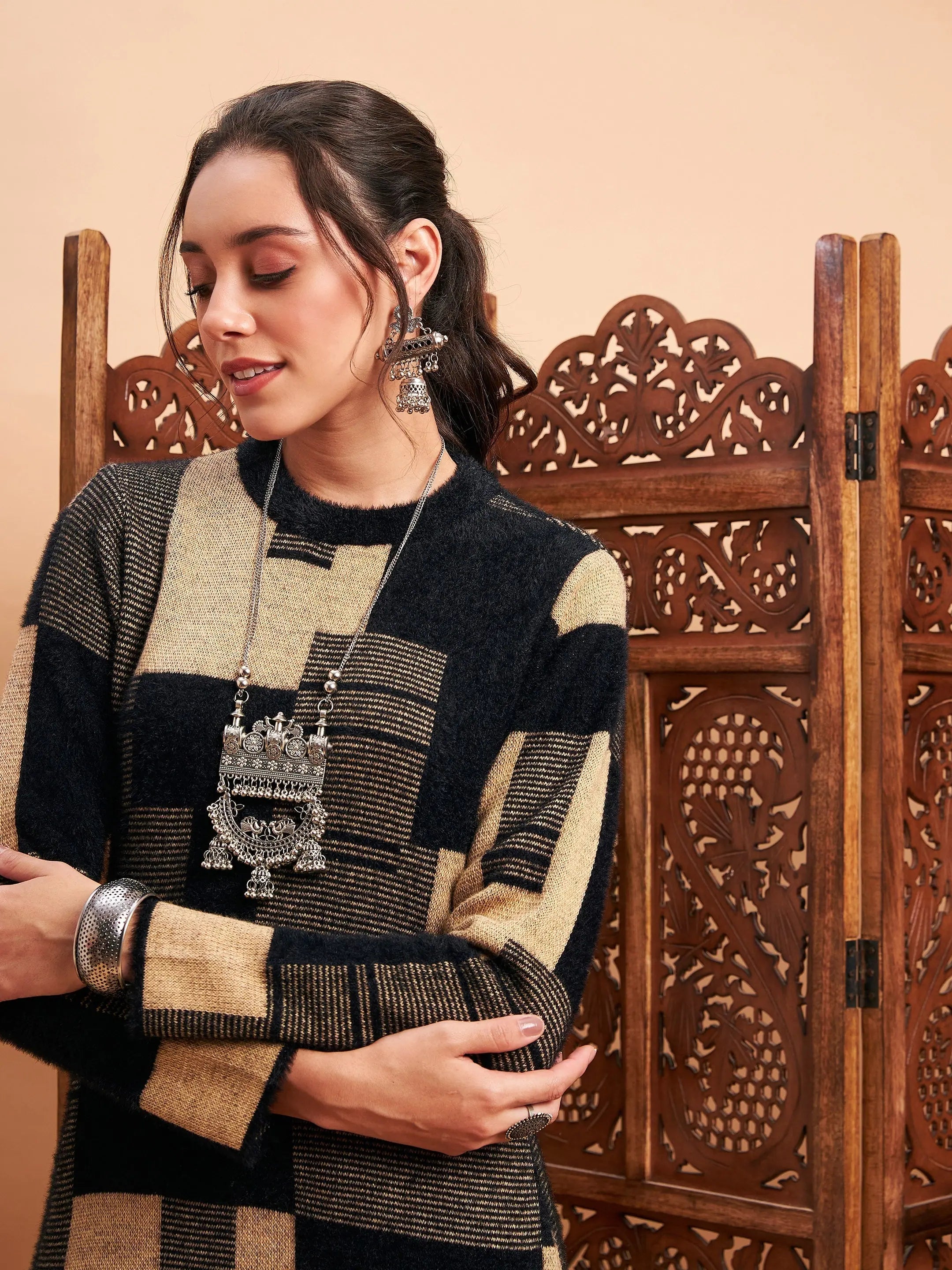 Black & Beige Tie-Dye Nylon Indian Kurta for Women - Shop Now!