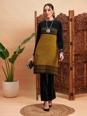 Women Mustard & Black Hair Wool Straight Kurta