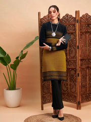 Women Mustard & Black Hair Wool Straight Kurta