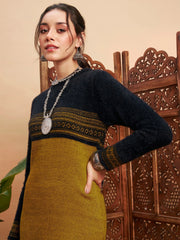 Women Mustard & Black Hair Wool Straight Kurta