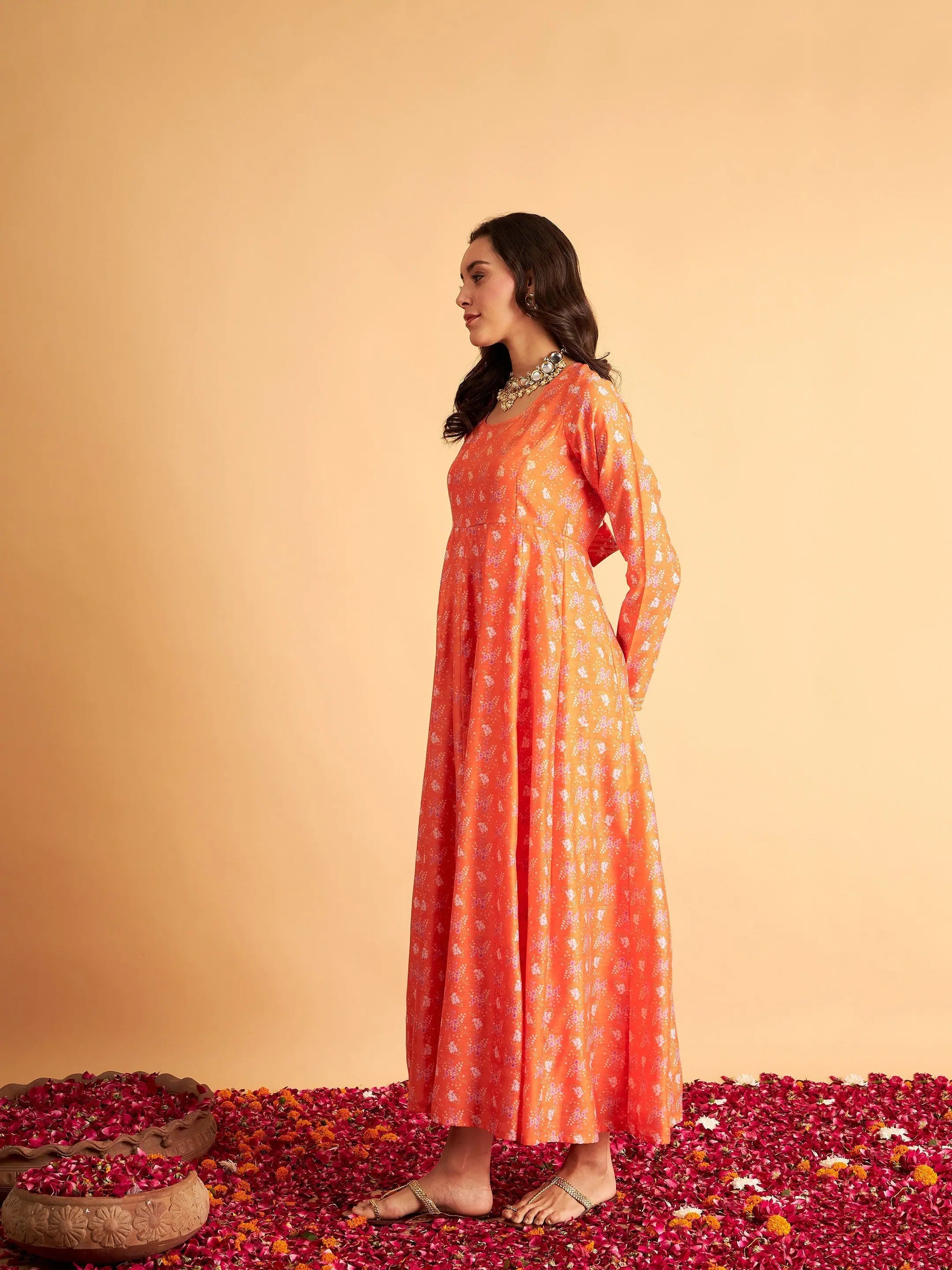 Orange Floral Anarkali Maxi Dress - Women's Festive Lehenga