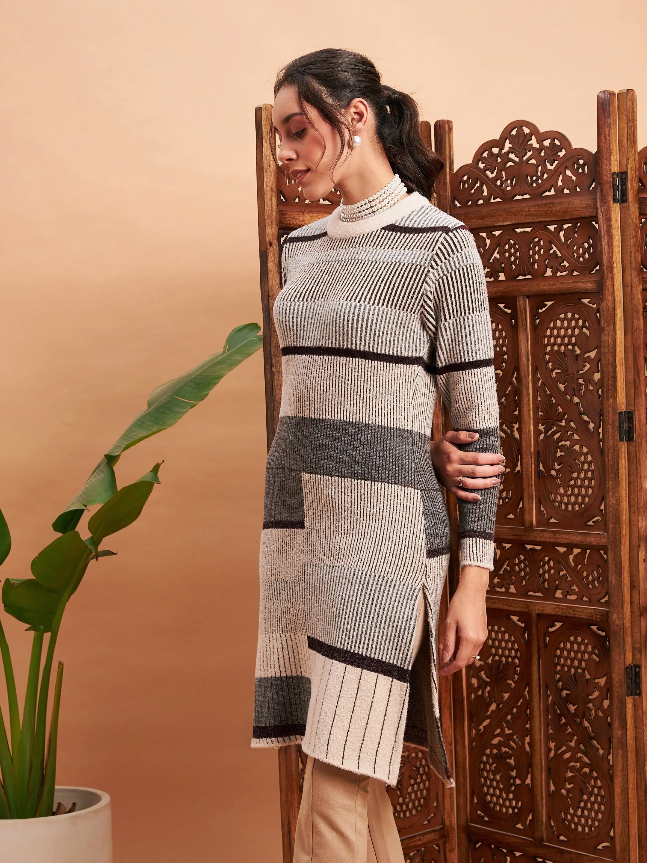 Beige & Brown Tie-Dye Nylon Straight Indian Kurta for Women