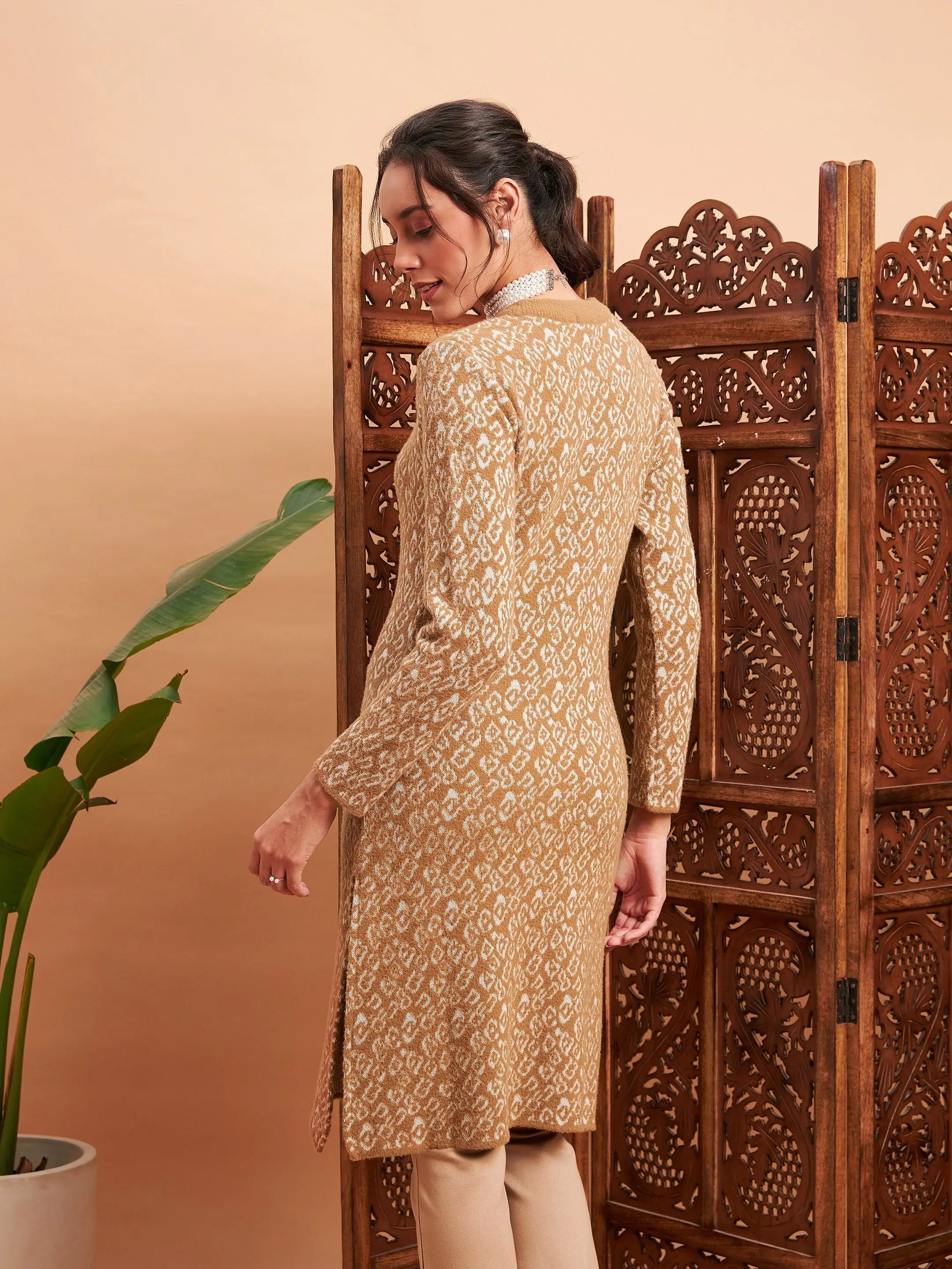 Beige & Off White Wool Straight Indian Kurta for Women