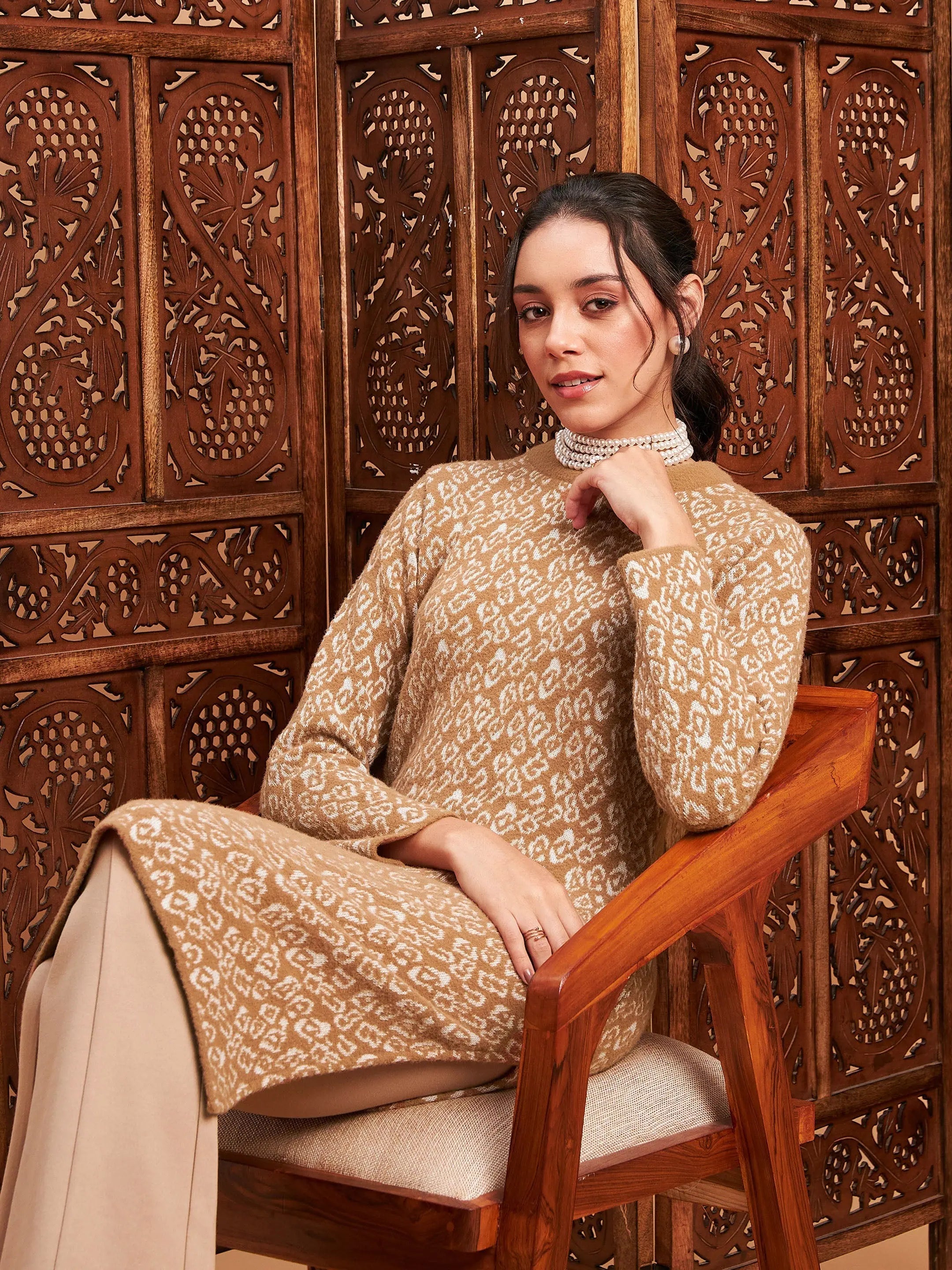 Beige & Off White Wool Straight Indian Kurta for Women