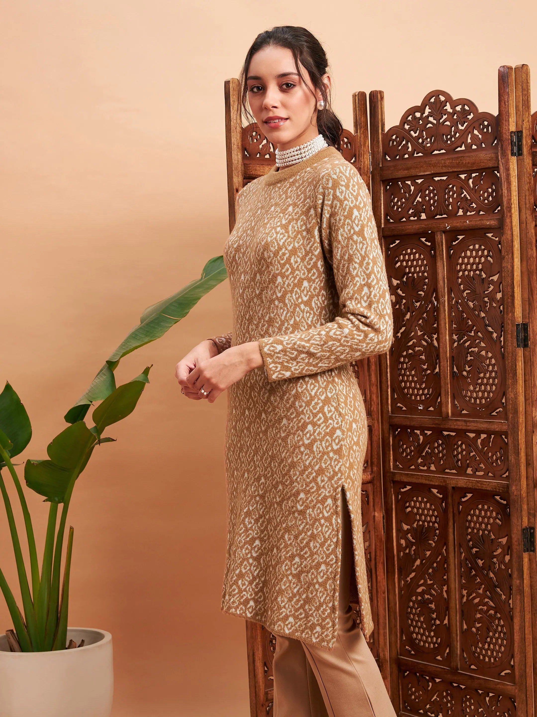 Beige & Off White Wool Straight Indian Kurta for Women