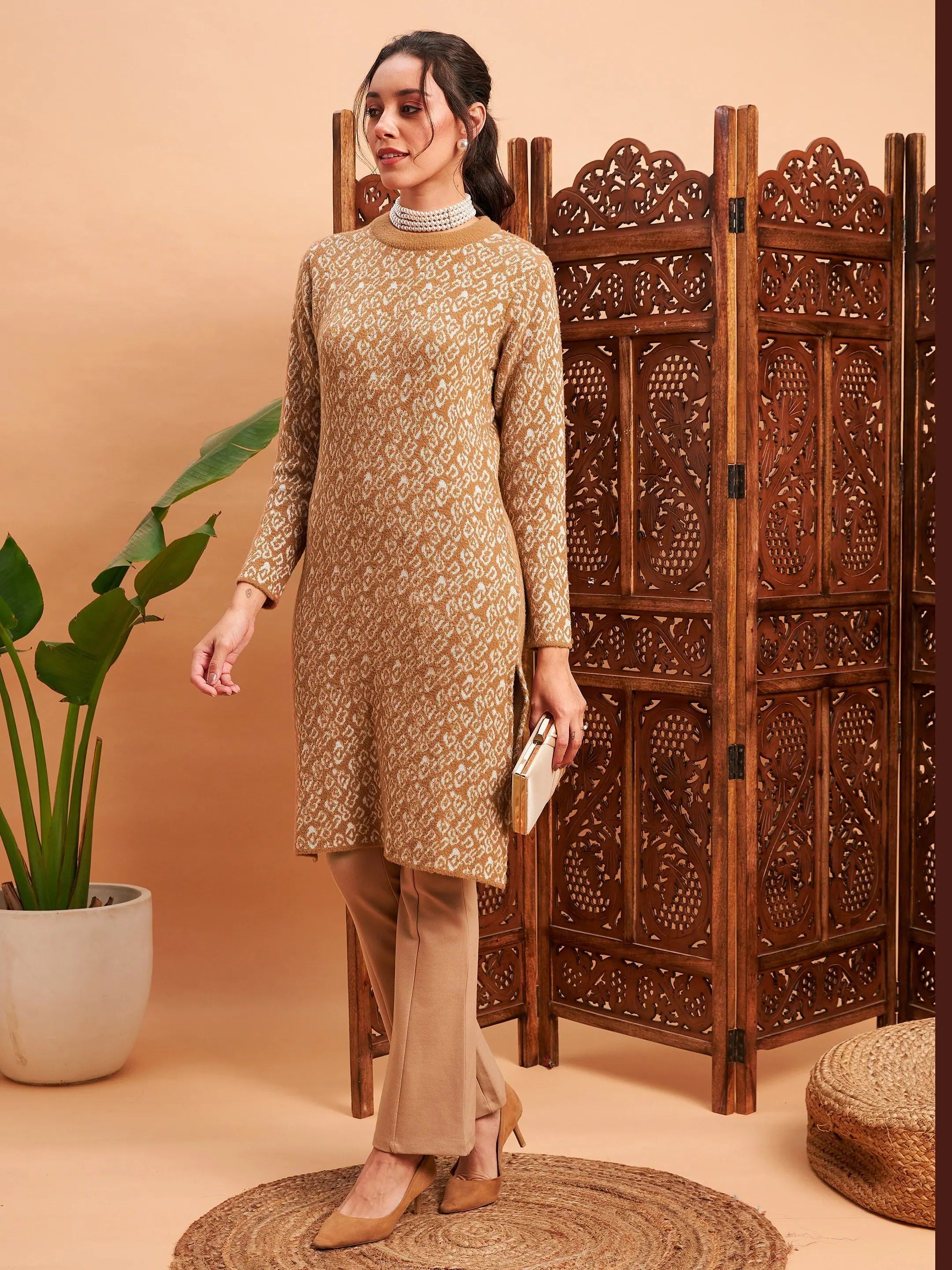 Beige & Off White Wool Straight Indian Kurta for Women