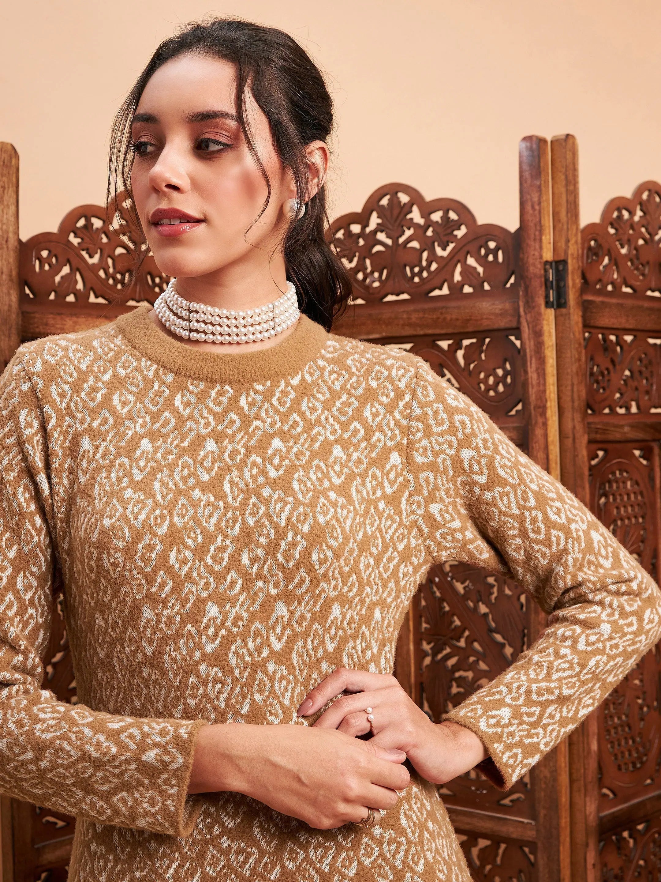 Beige & Off White Wool Straight Indian Kurta for Women