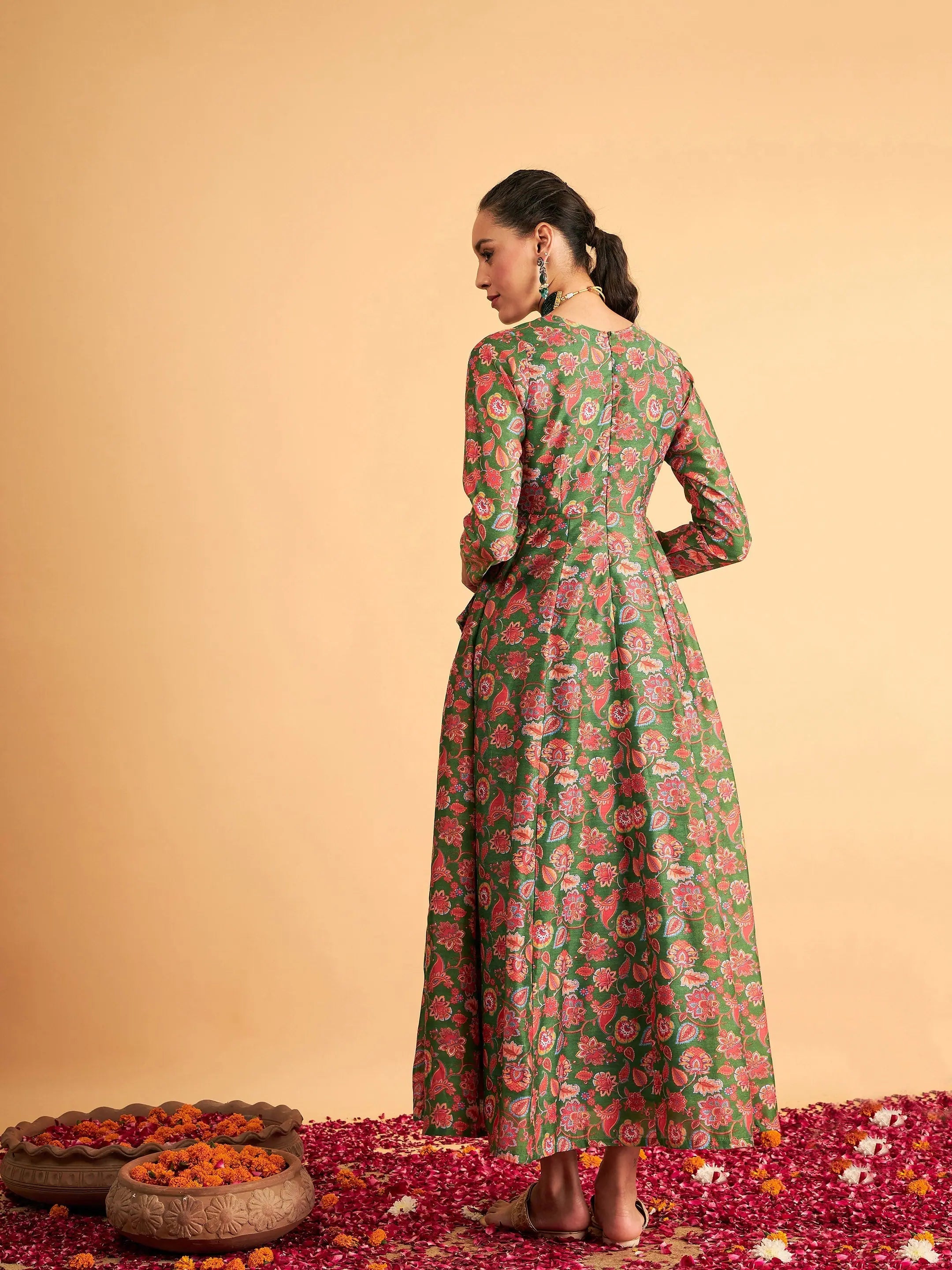 Green Floral Anarkali Maxi Dress - Women's Ethnic Dress