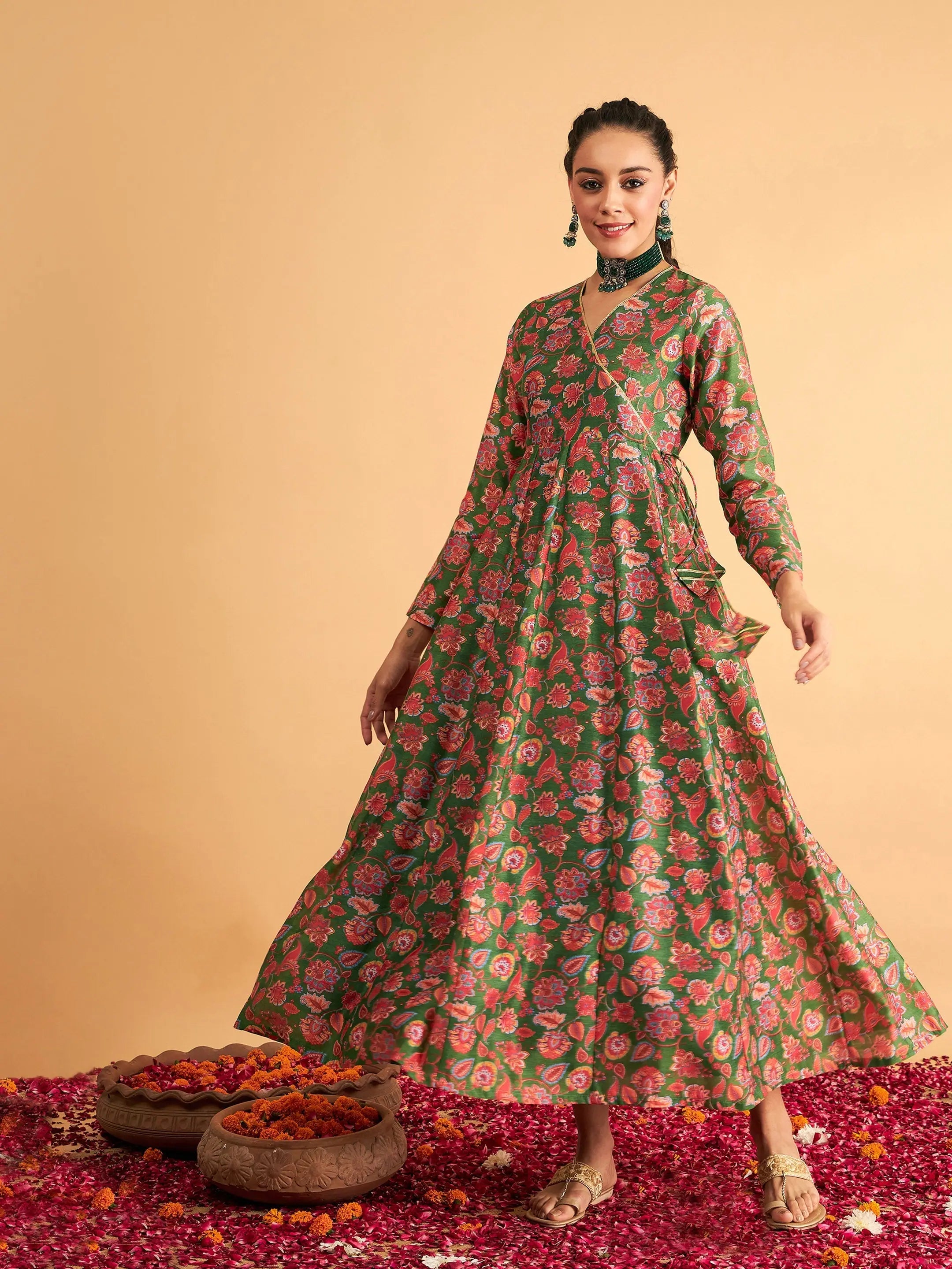 Green Floral Anarkali Maxi Dress - Women's Ethnic Dress