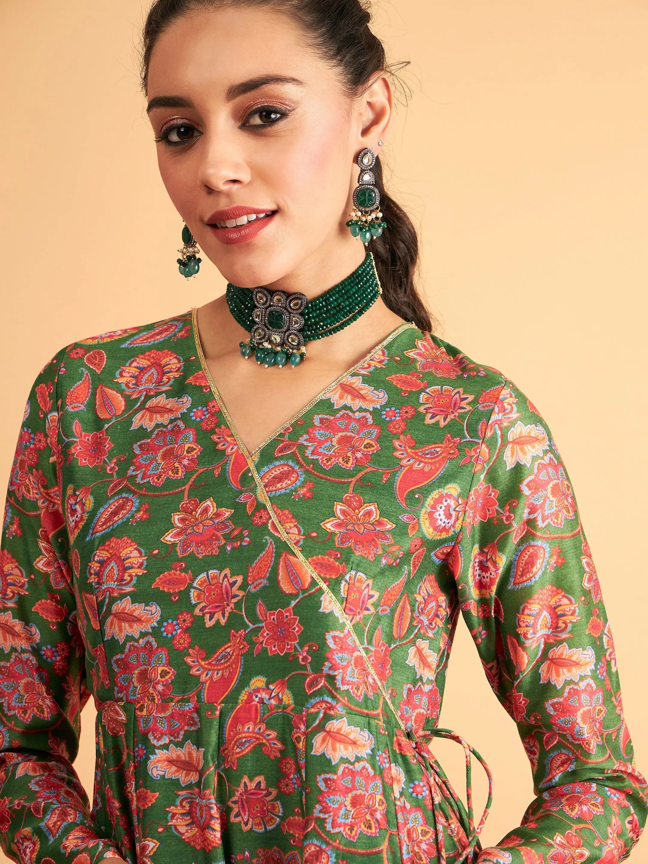 Green Floral Anarkali Maxi Dress - Women's Ethnic Dress
