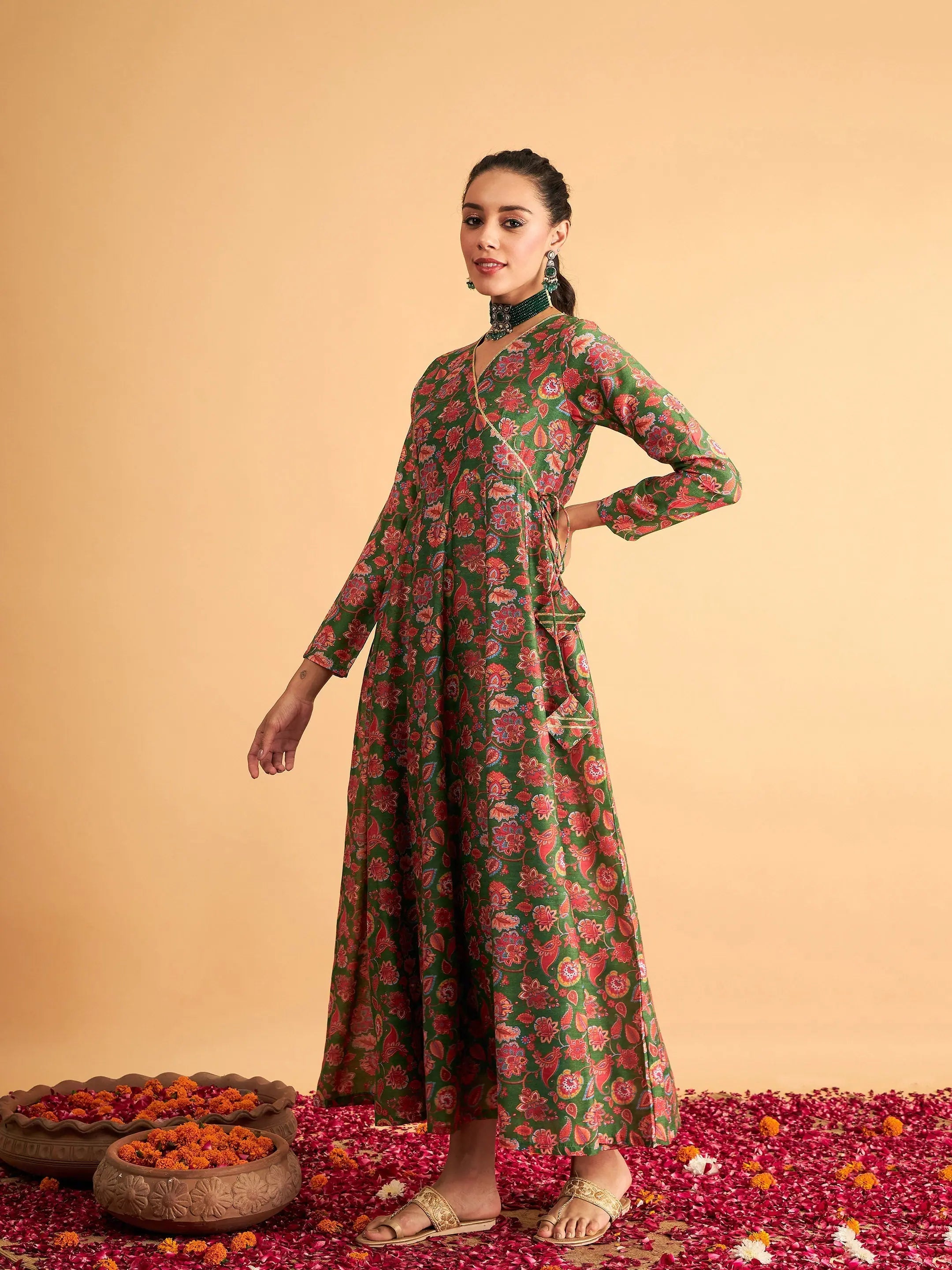 Green Floral Anarkali Maxi Dress - Women's Ethnic Dress