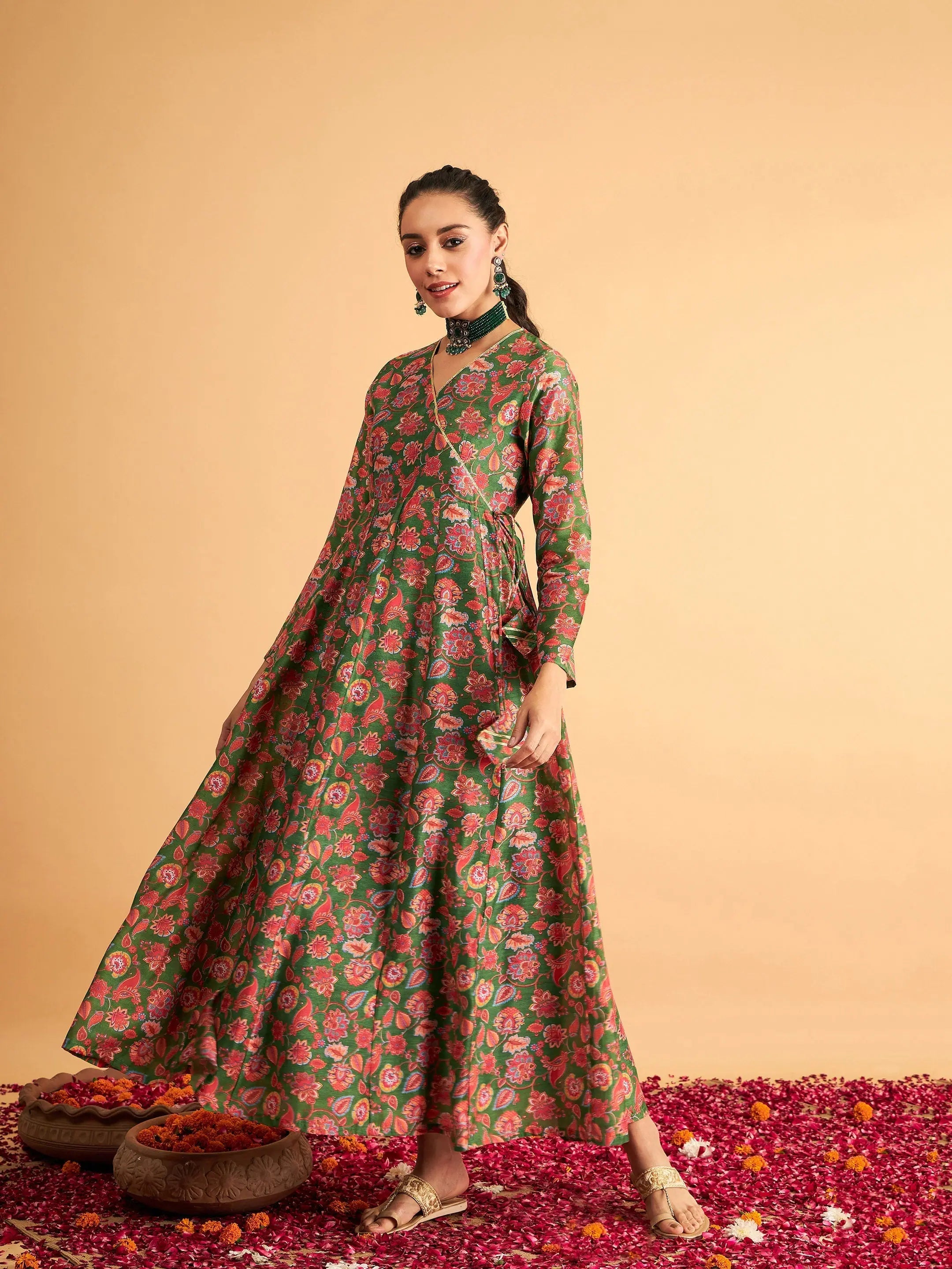 Green Floral Anarkali Maxi Dress - Women's Ethnic Dress