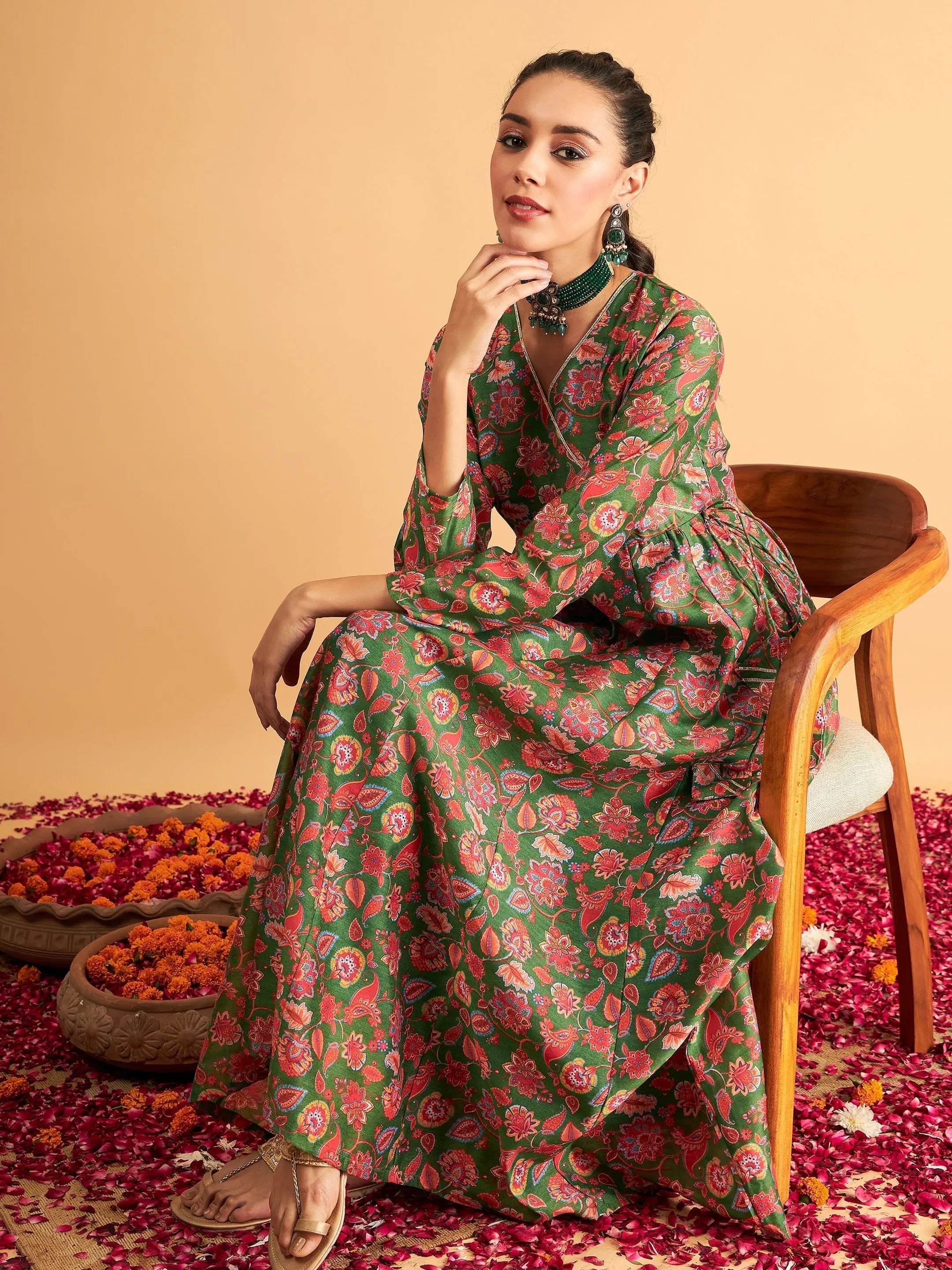 Green Floral Anarkali Maxi Dress - Women's Ethnic Dress