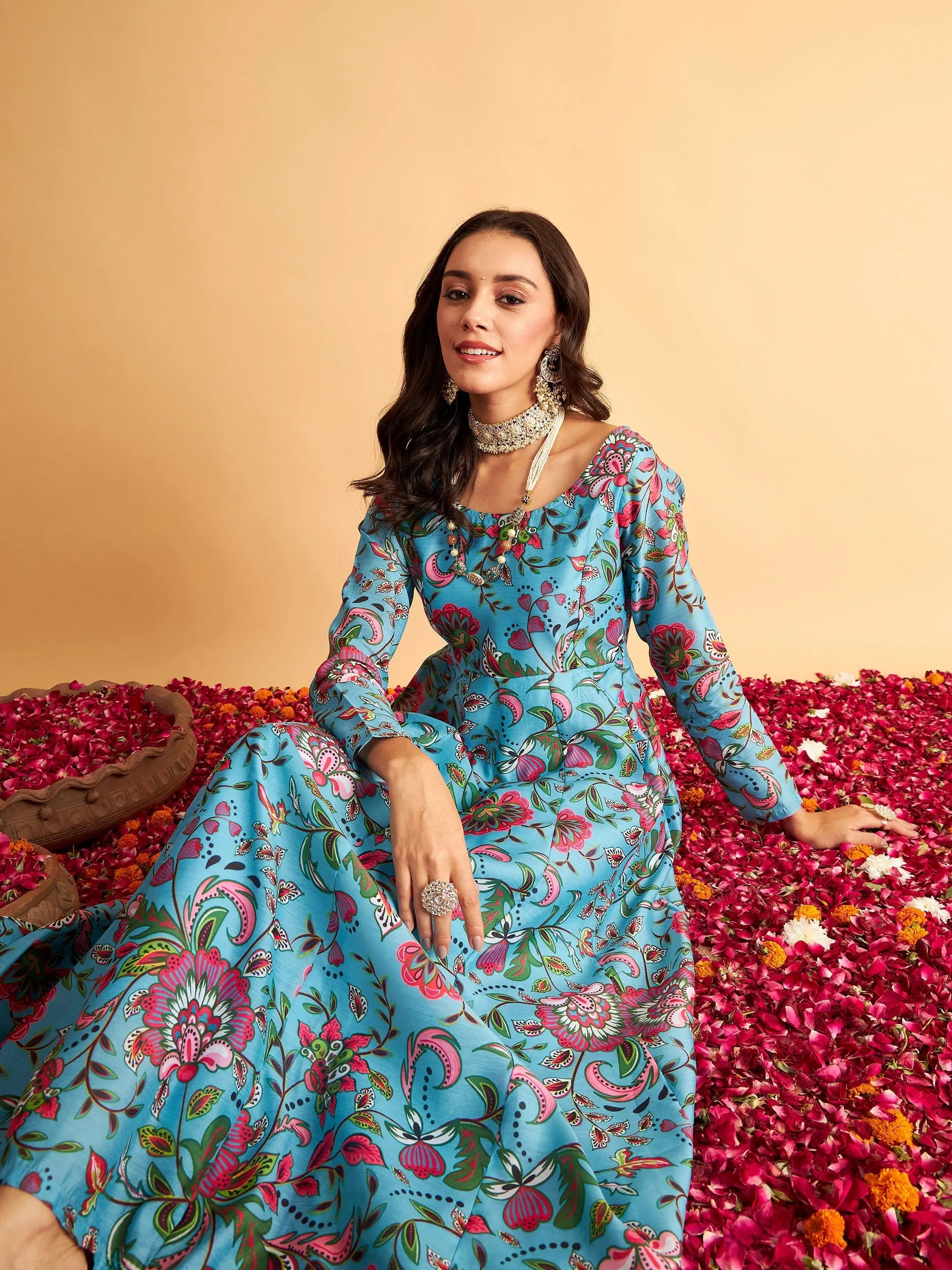 Blue Floral Anarkali Maxi Dress - Women's Designer Dress