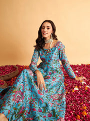 Women Blue Floral Round Neck Anarkali Maxi Dress