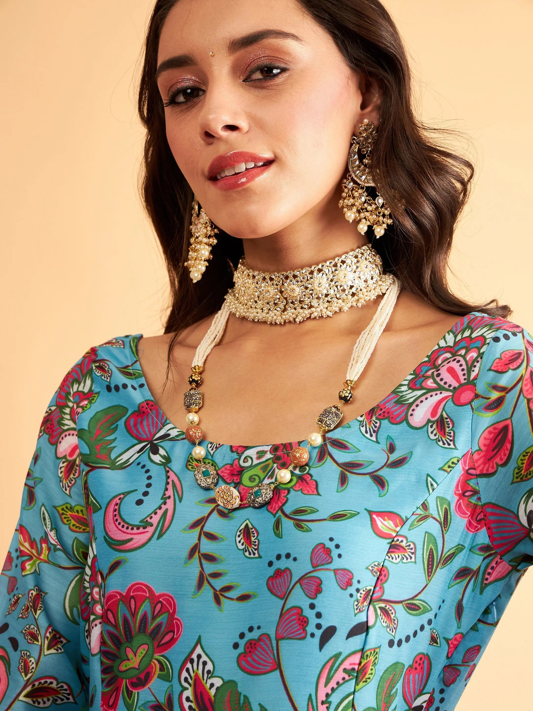 Blue Floral Anarkali Maxi Dress - Women's Designer Dress