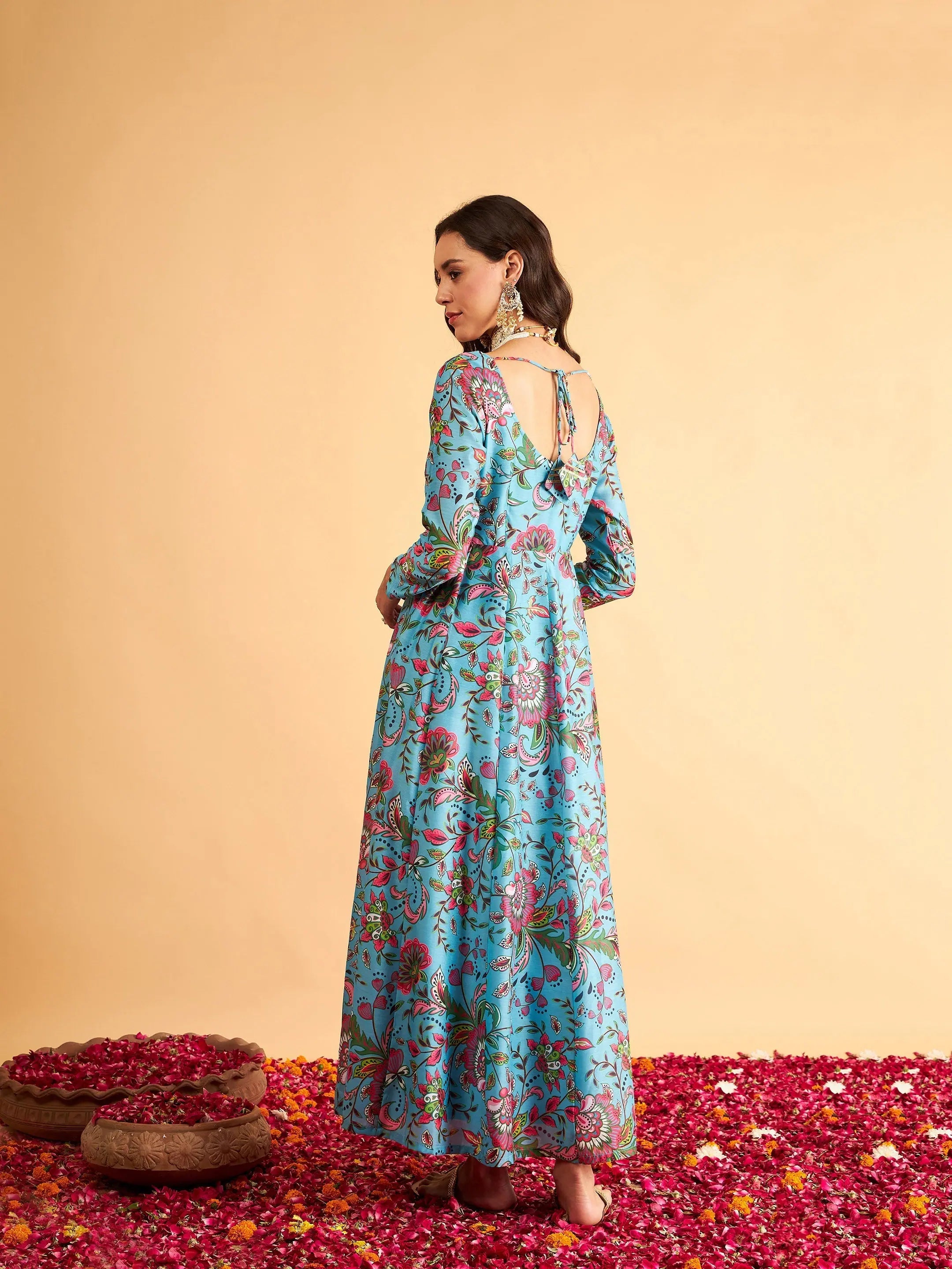 Blue Floral Anarkali Maxi Dress - Women's Designer Dress